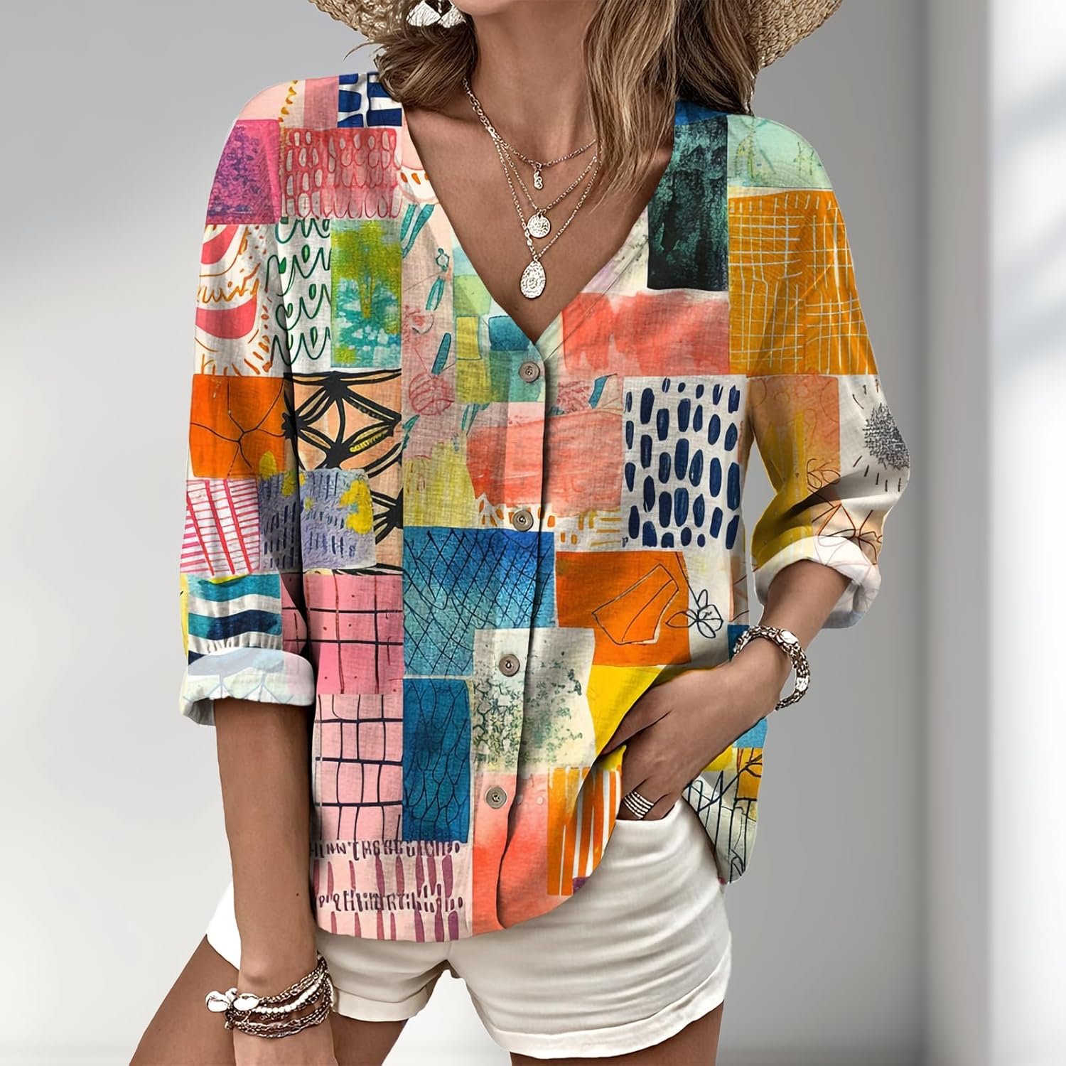 Boho V Neck Flowy Shirts for Women Breathable Blouses for Women Oversized Button Shirts Trendy Vacation Wear - Image 2