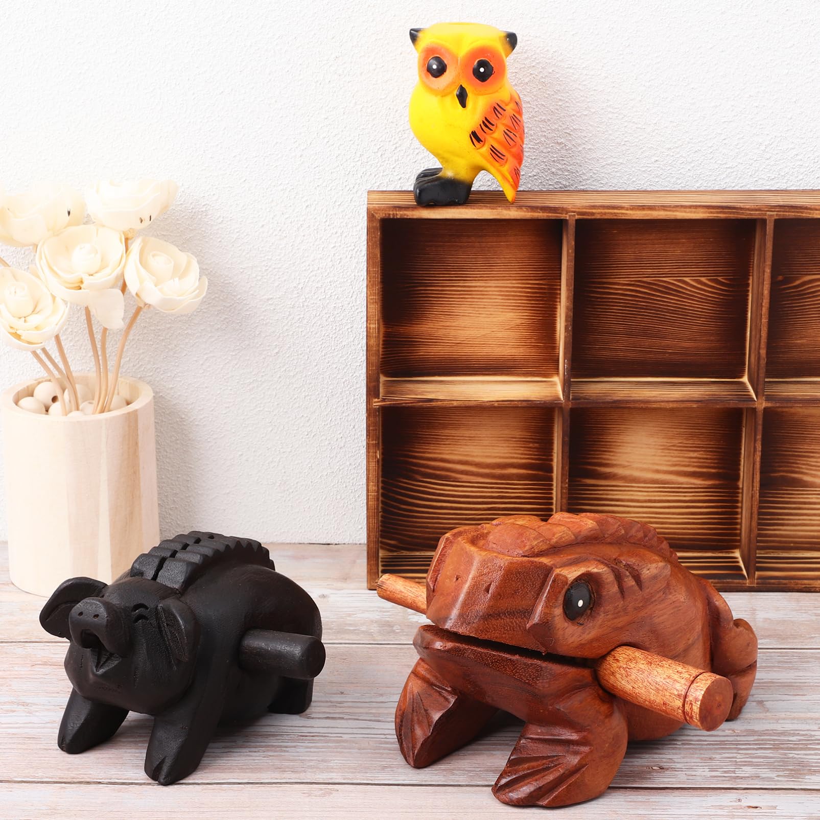 ABOOFAN 3 Pezzi Blocchi Sonori in Legno a Forma di Rospo, Maiale e Gufo, Strumento a Percussione Bordo Liscio, Regalo per Famiglia e Amanti degli Animali