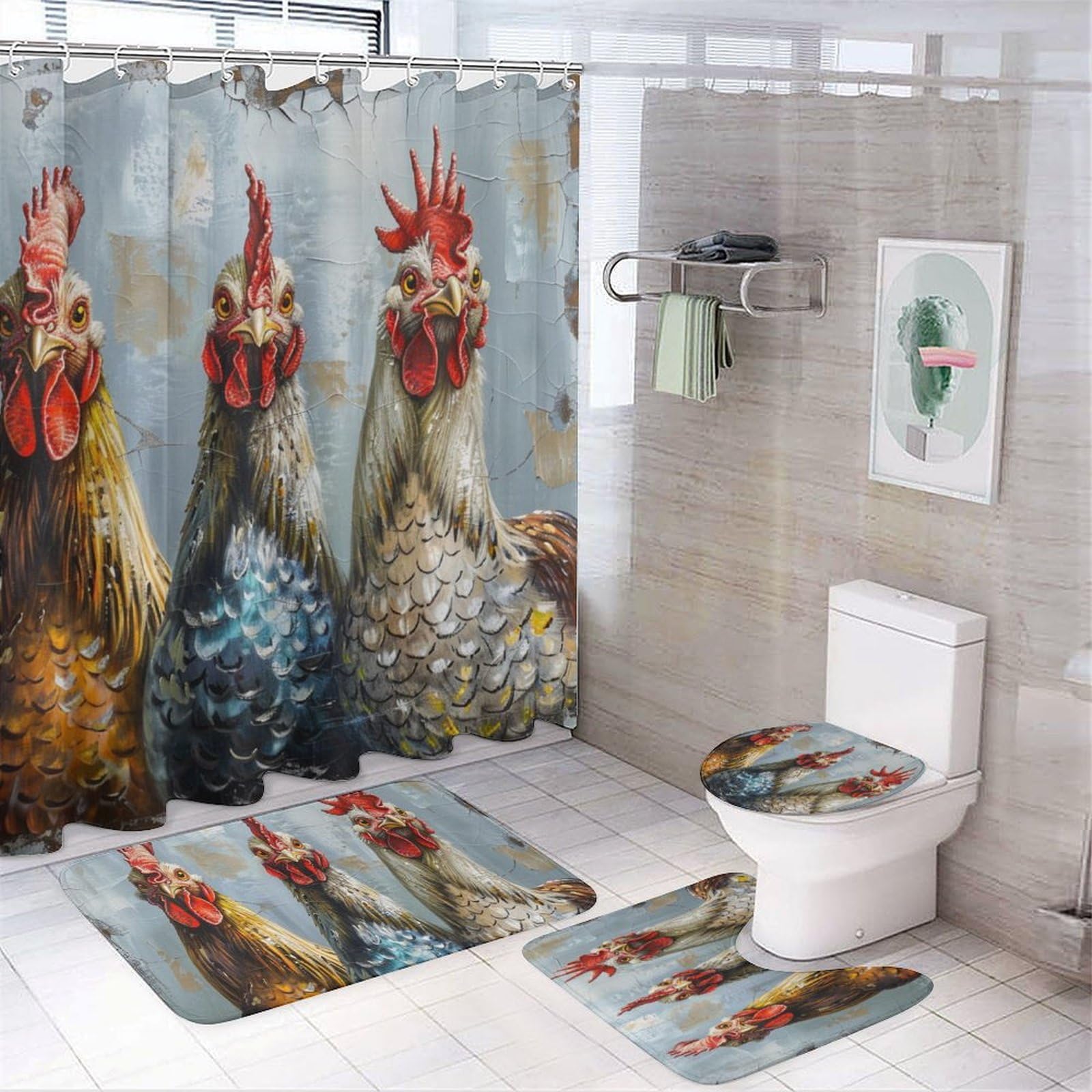 FOCCAFB 4Pcs Retro Chicken Bathroom Sets with Shower Curtain Rugs Mats Country Farmhouse Nature Animal Bathroom Decorations Sets with Non Slip Rugs