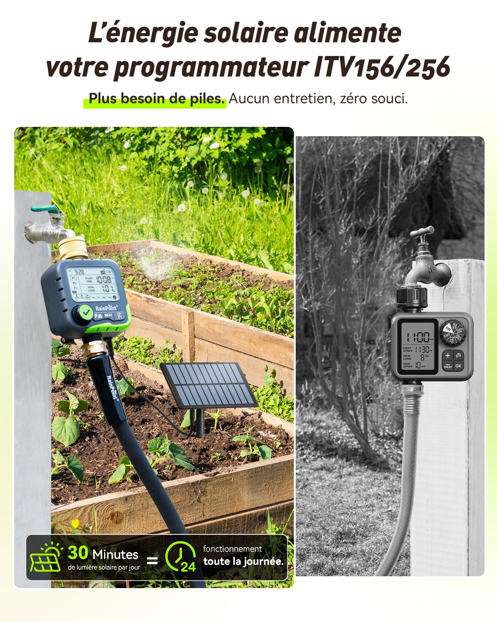 RAINPOINT ITV156 Kit d'arrosage solaire avec minuterie d'arrosage pour robinet de jardin et pelouse, avec panneau solaire et 2 piles AA, 3 programmes indépendants, charge solaire continue