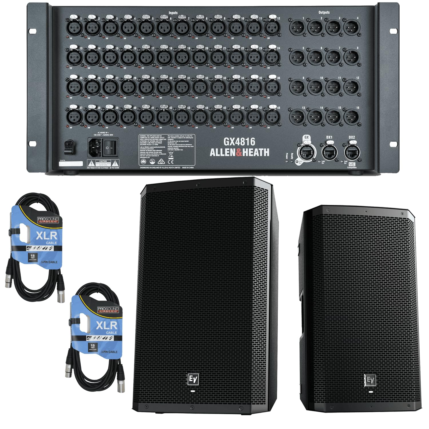Allen & Heath GX4816 48×16 XLR in/Out Portable GX Expander with DX Sockets + (2) Electro-Voice ZLX-15P Powered Active PA Speakers New + (2) Cable