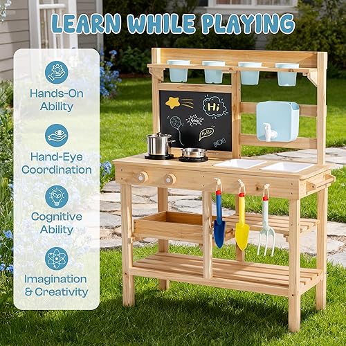Miniatura 4 de ROBUD WG429 - Cocina de barro para niños al aire libre, cocina de madera al aire libre, cocina de barro para niños con fregadero y grifo extraíbles,