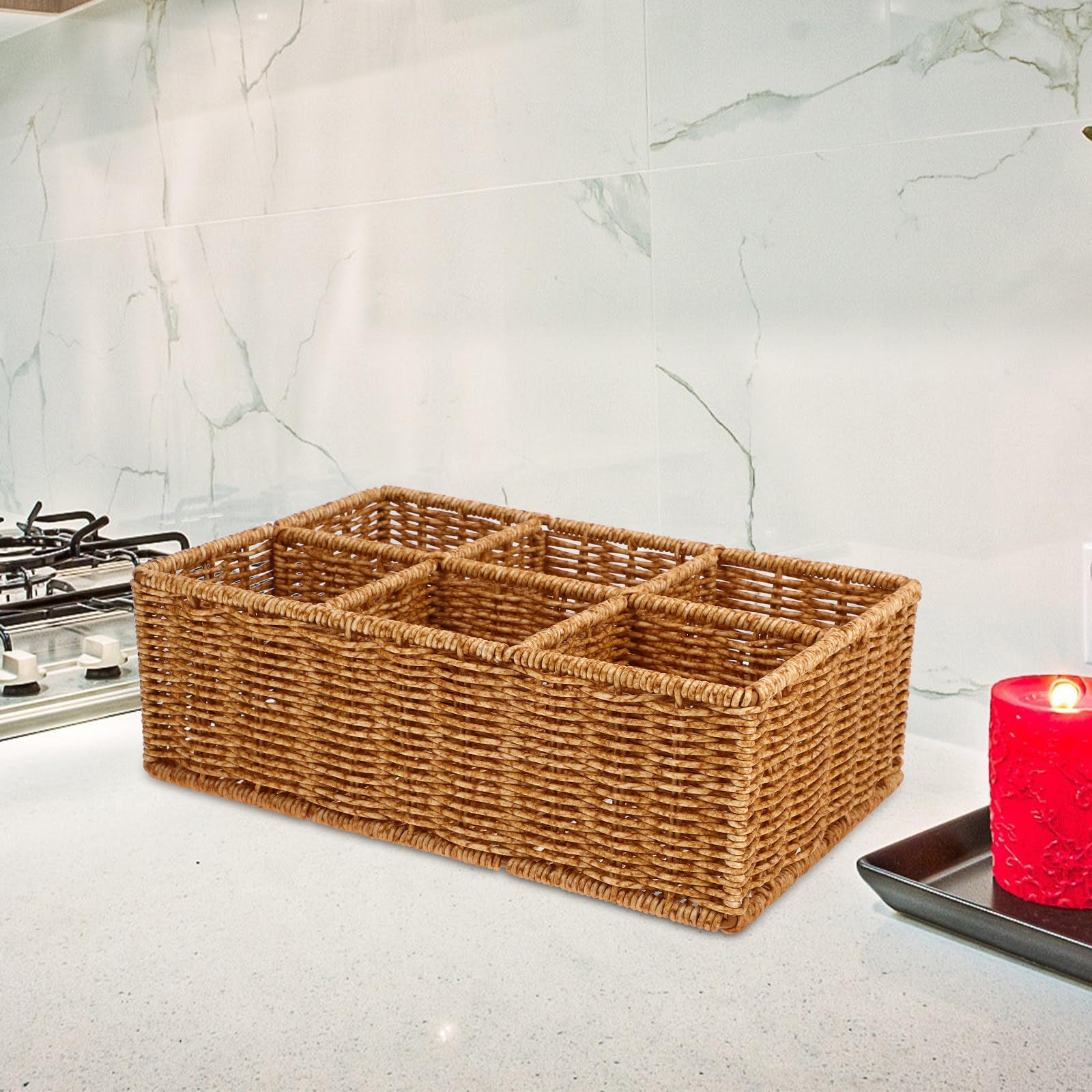 MAGICLULU Organizador de Cajón para Cubiertos Pequeño de Ratán Plástico Color Caqui, Cesta de Almacenamiento Multifuncional y Fácil de Limpiar para Cocina y Picnic