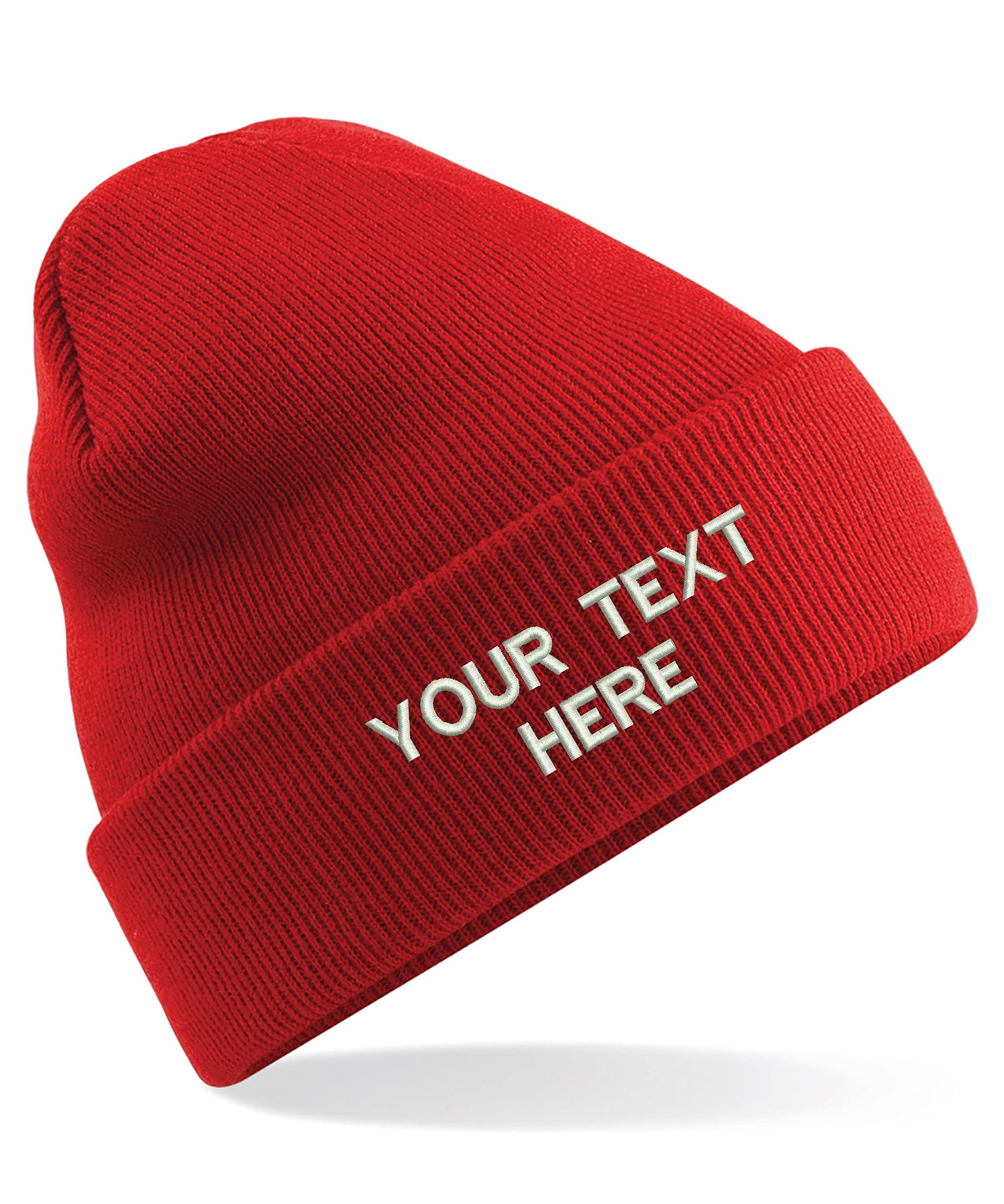 Personalised Embroidered Your Text Beanie, Knitted Cap Your Name Hat Unisex Gift (Bright Red)