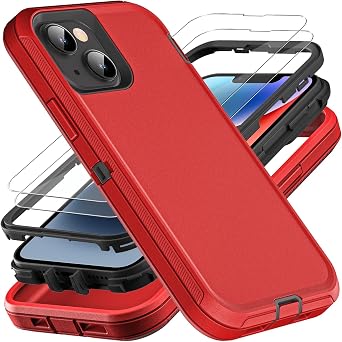 YKHJKLEC for iPhone 13/iPhone 14, Military Grade 3 in 1 Heavy Duty Shockproof/Drop Proof/Dust Proof Case with 2Pcs Tempered Glass Screen Protector Red/Black