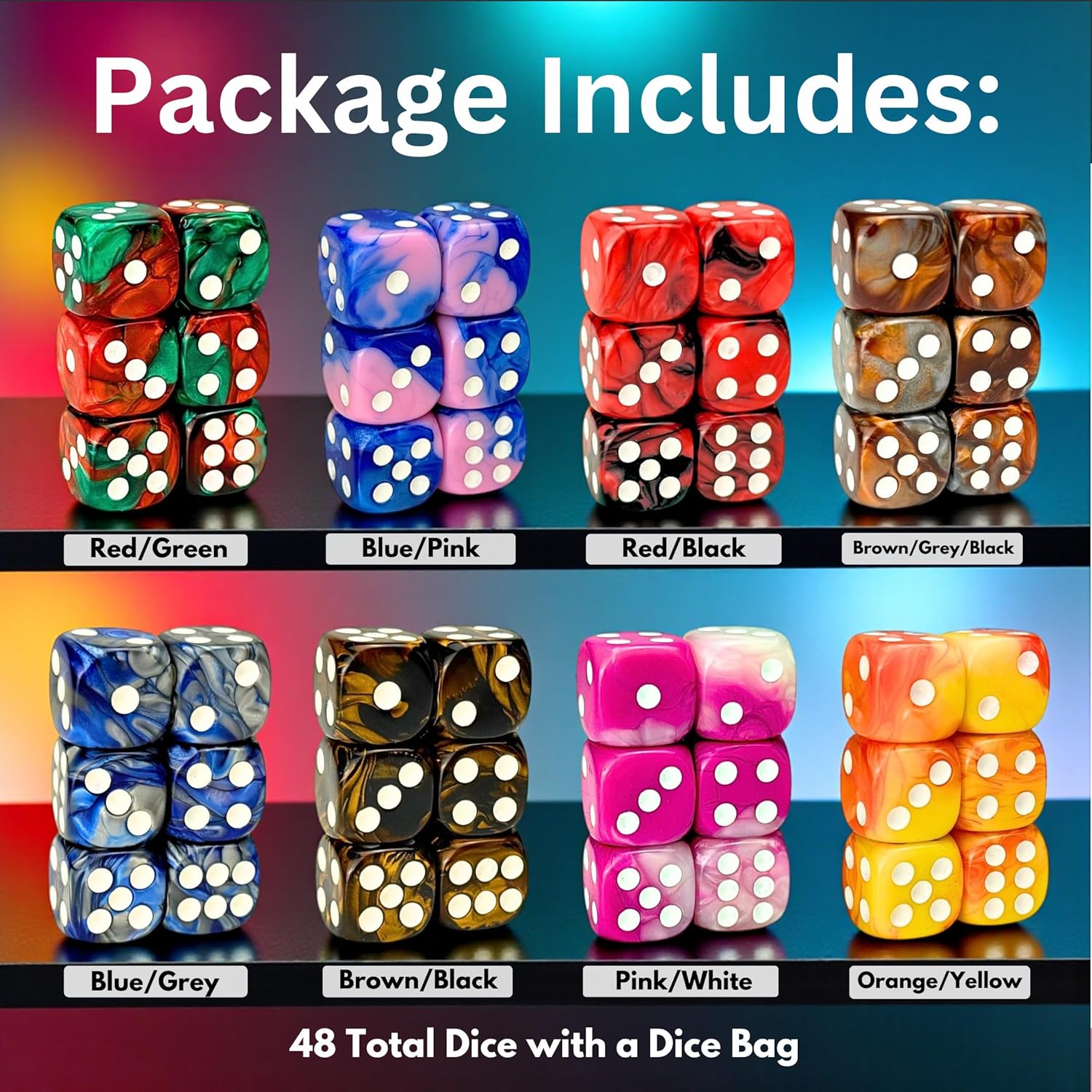 Luck Lab 48 Pack of 16mm Marble Swirl D6 Dice 6 Sided Dice Set Round Corner Board Game Dice for MTG DND Tenzi Farkle Yahtzee Bunco or Learning Math (White Pip Multicolor Swirl)