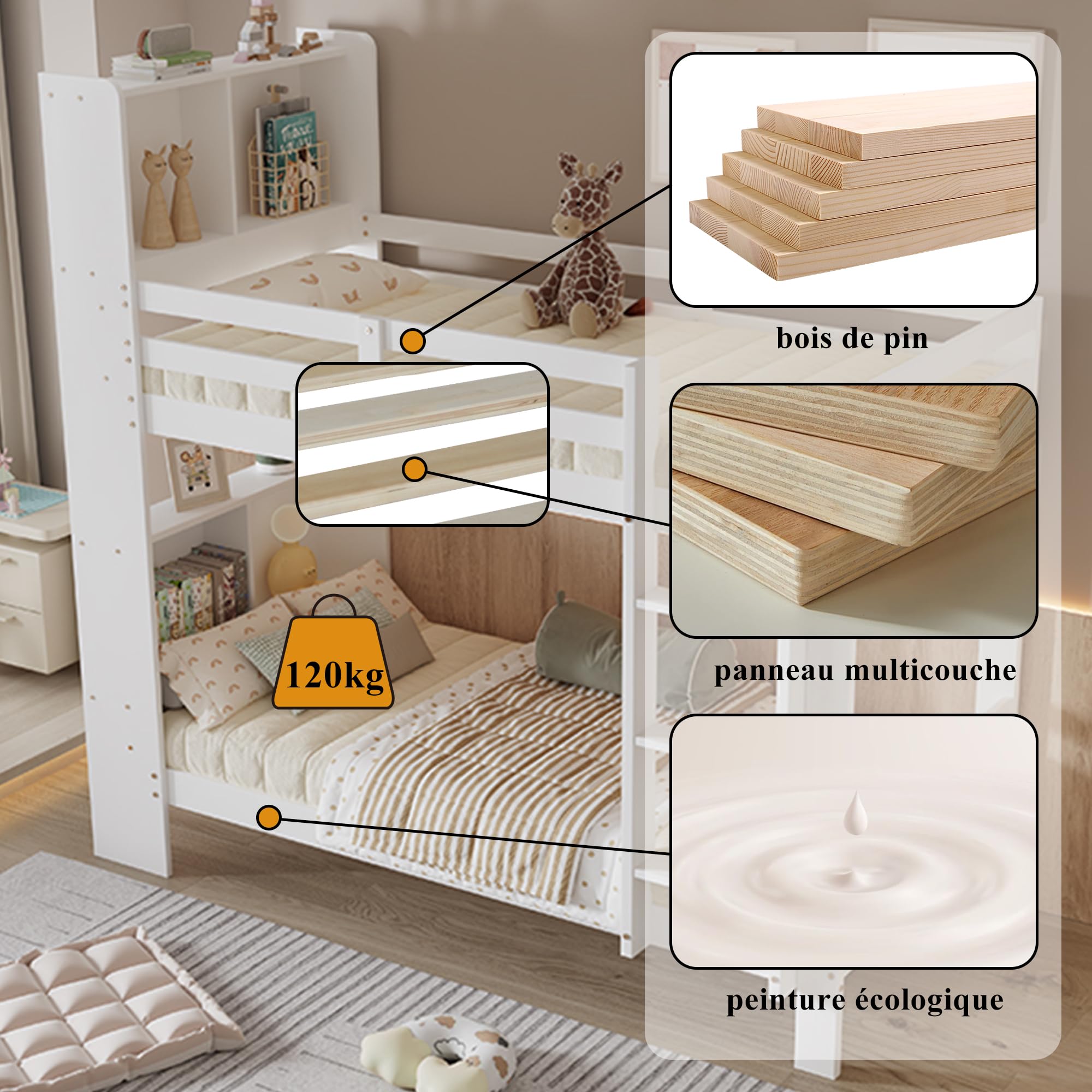 HYUB Stapelbed, kinderbed, 90 x 200 en 120 x 200 cm, met laden en glijbaan, stapelbed met trap en opbergruimte, bedframe met lattenbodem en valbeveiliging, wit HYUB Stapelbed, kinderbed, 90 x 200 en 120 x 200 cm, met laden en glijbaan, stapelbed met trap en opbergruimte, bedframe met lattenbodem en valbeveiliging, wit