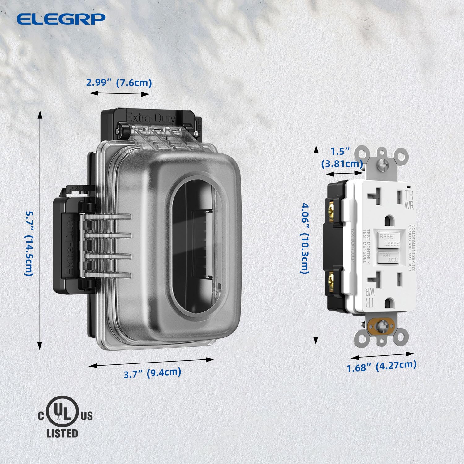 ELEGRP Prise extérieure GFCI avec couvercle d'utilisation, prise GFI TRWR de 20 A, couvercle résistant aux intempéries, verrouillable, montage horizontal/vertical, certifié UL, 1 pièce, blanc