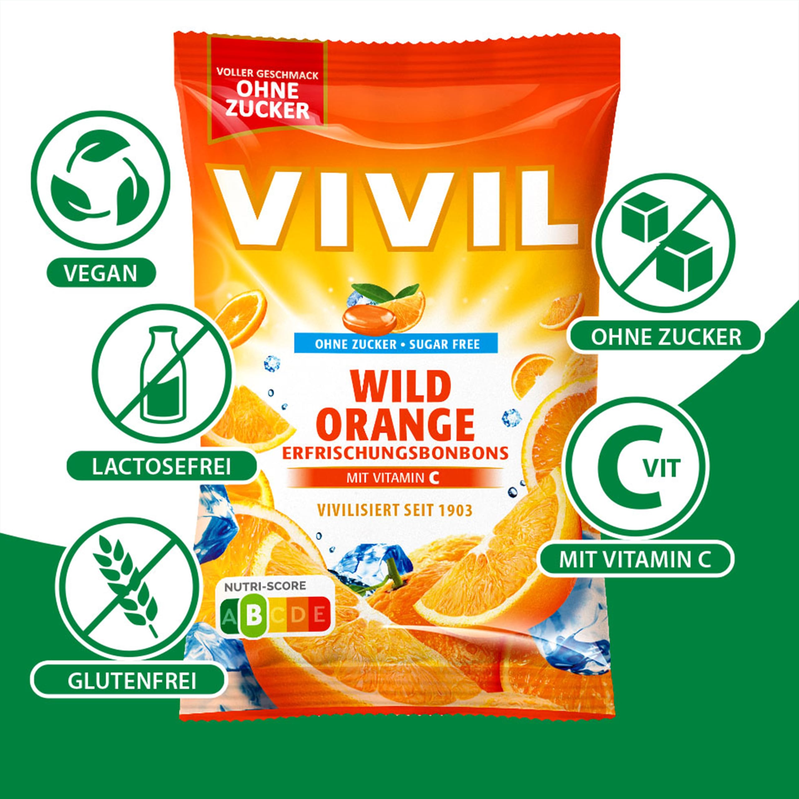 VIVIL Wild Orange mit Vitamin C, 15 Beutel, Erfrischungsbonbons mit Orangegeschmack, zuckerfrei & vegan, 15 x 120g