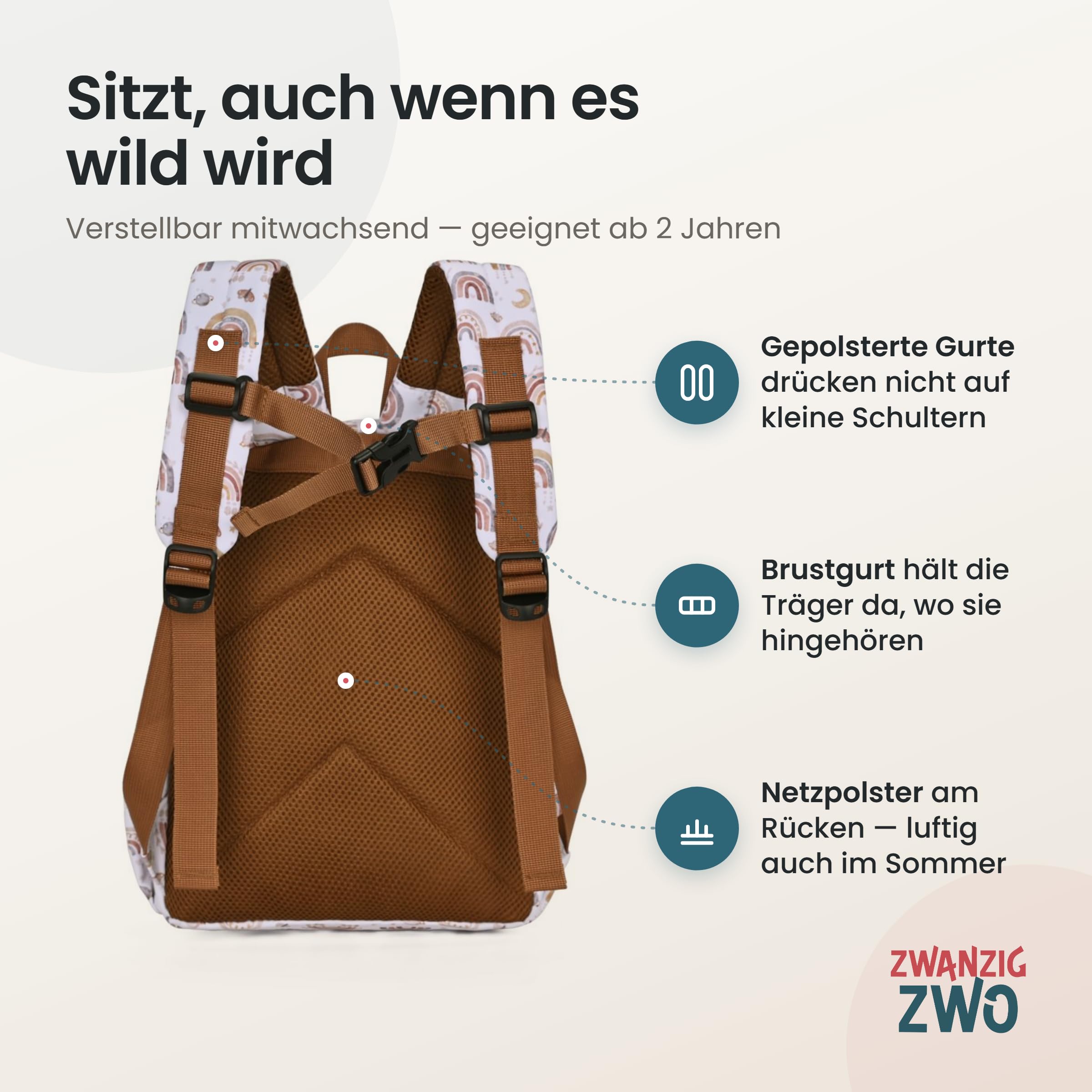 Mochila infantil impermeable con correa para el pecho, etiqueta para el nombre y correas acolchadas, Óxido - Arcos Iris Pequeños, Einheitsgröße, Mochila de guardería