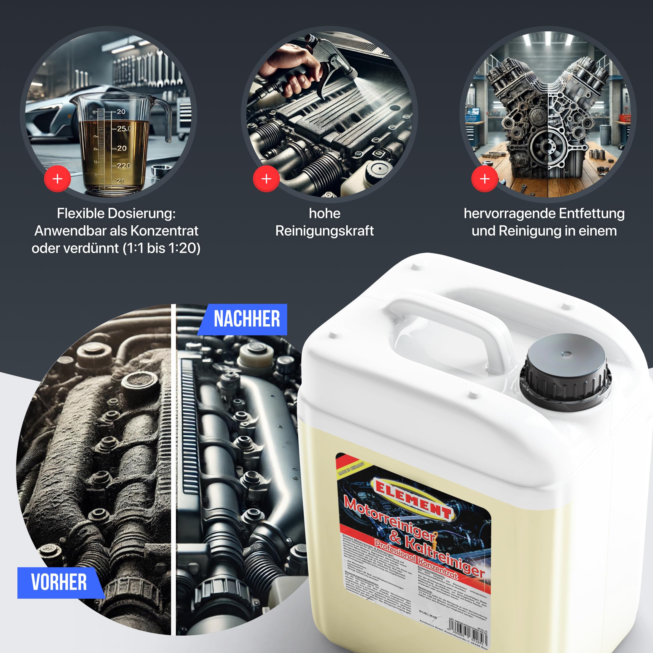 Element 5 Liter Motorkaltreiniger Kaltreiniger Motorreiniger | sparsames Konzentrat | hohe Schmutzlösekraft | Werkstattreiniger | Teilereiniger | Kaltreiniger | Motorreiniger