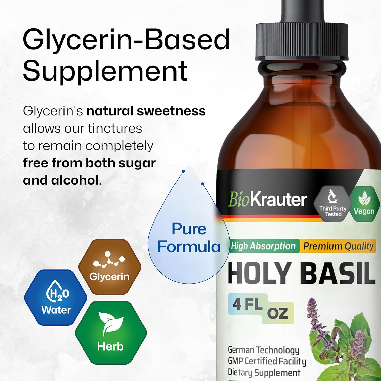 BIO KRAUTER Holy Basil Tincture - Tulsi Powder Liquid Extract - Supports Calmness and Relaxation - Ursolic Acid Supplement - Alcohol and Sugar Free Holy Basil Extract - Vegan Drops 4 Fl.Oz. - Image 6