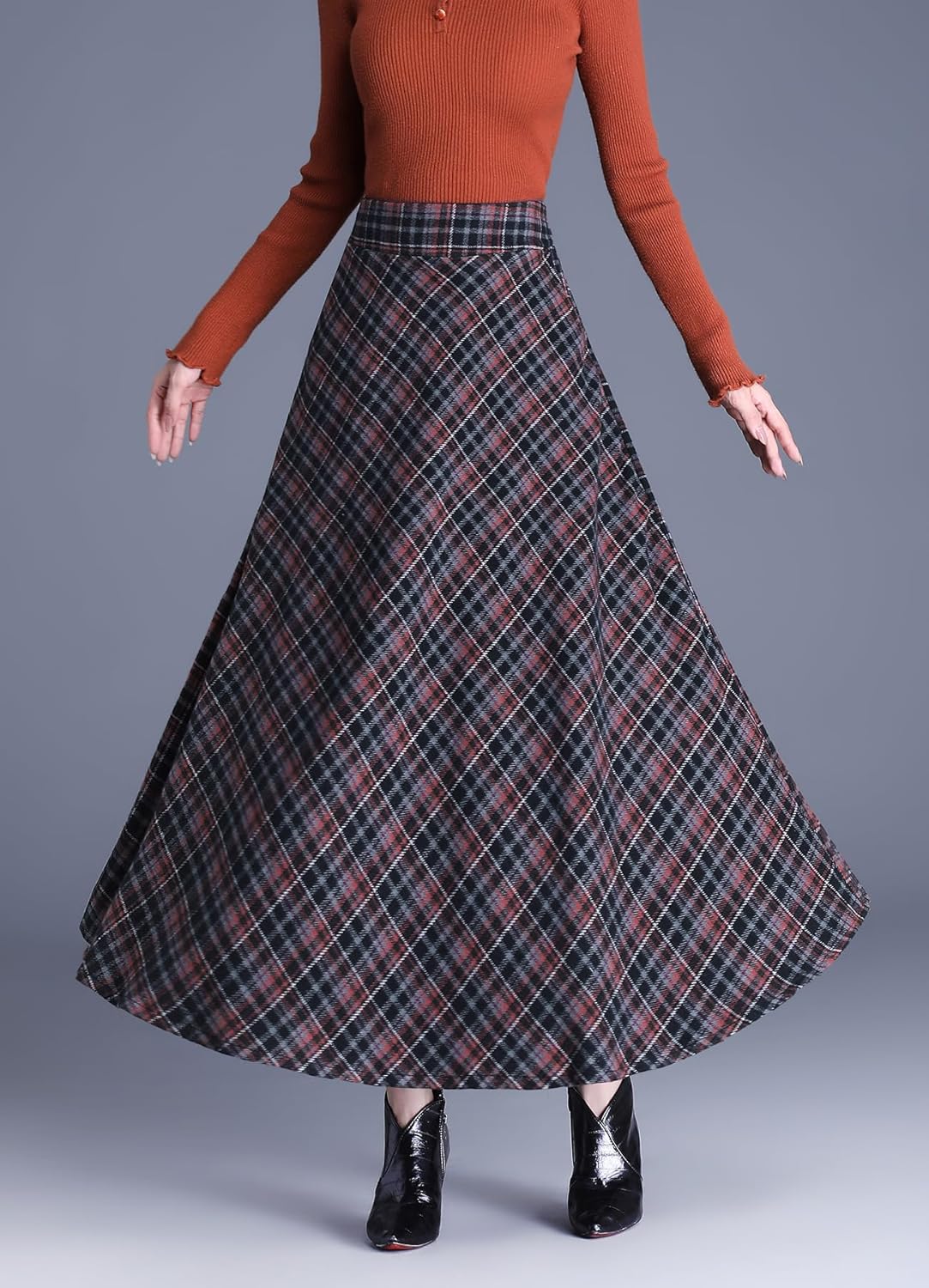 Women's Winter Wool Long Skirt High Waist Elastic Elegant Plaid A-Lin Maxi Skirts