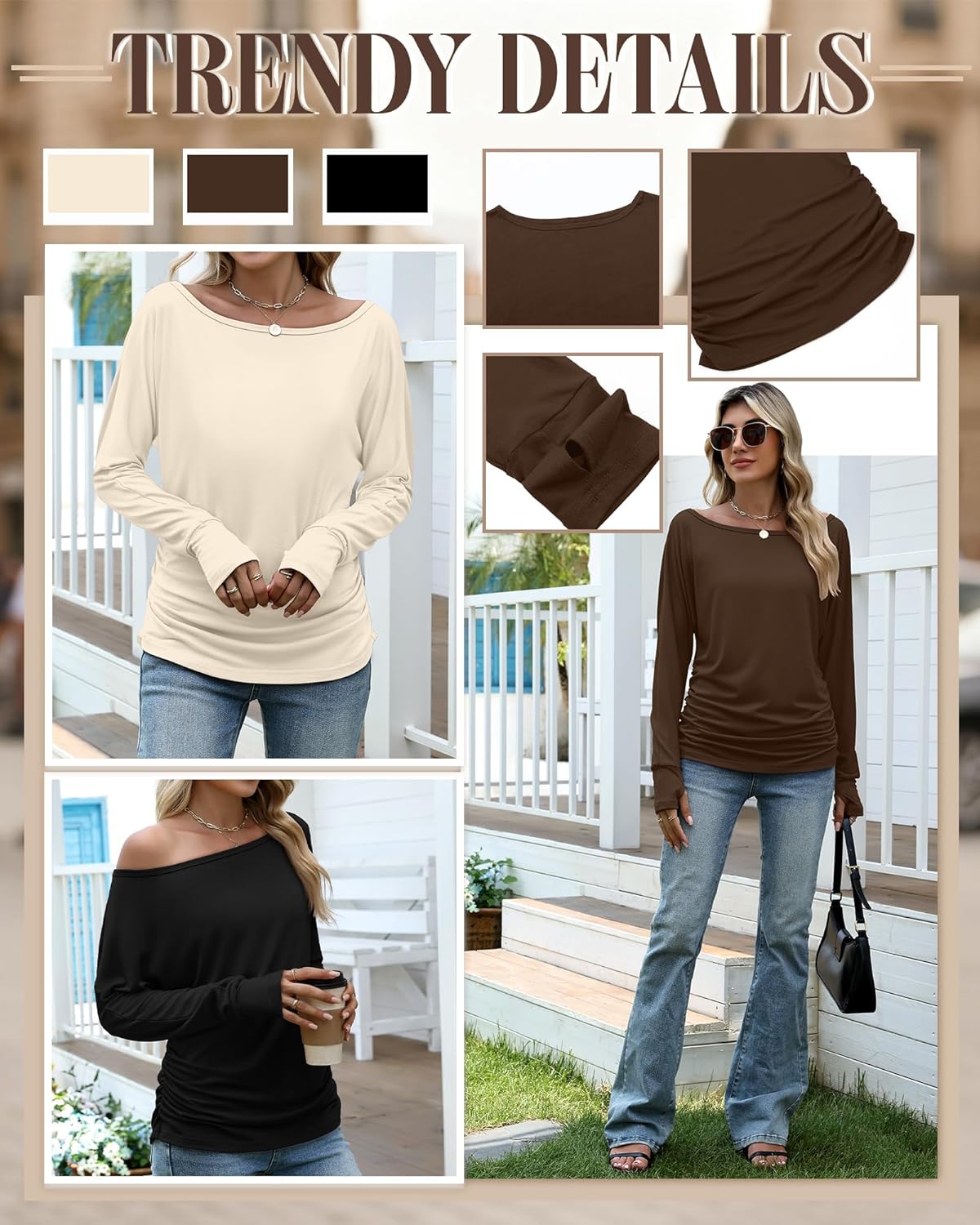 Huukeay 3 Pack Off The Shoulder Boat Neck Tops for Women, Long Sleeve Thumbhole Side Ruched Shirts Loose Causal Tunic Tees