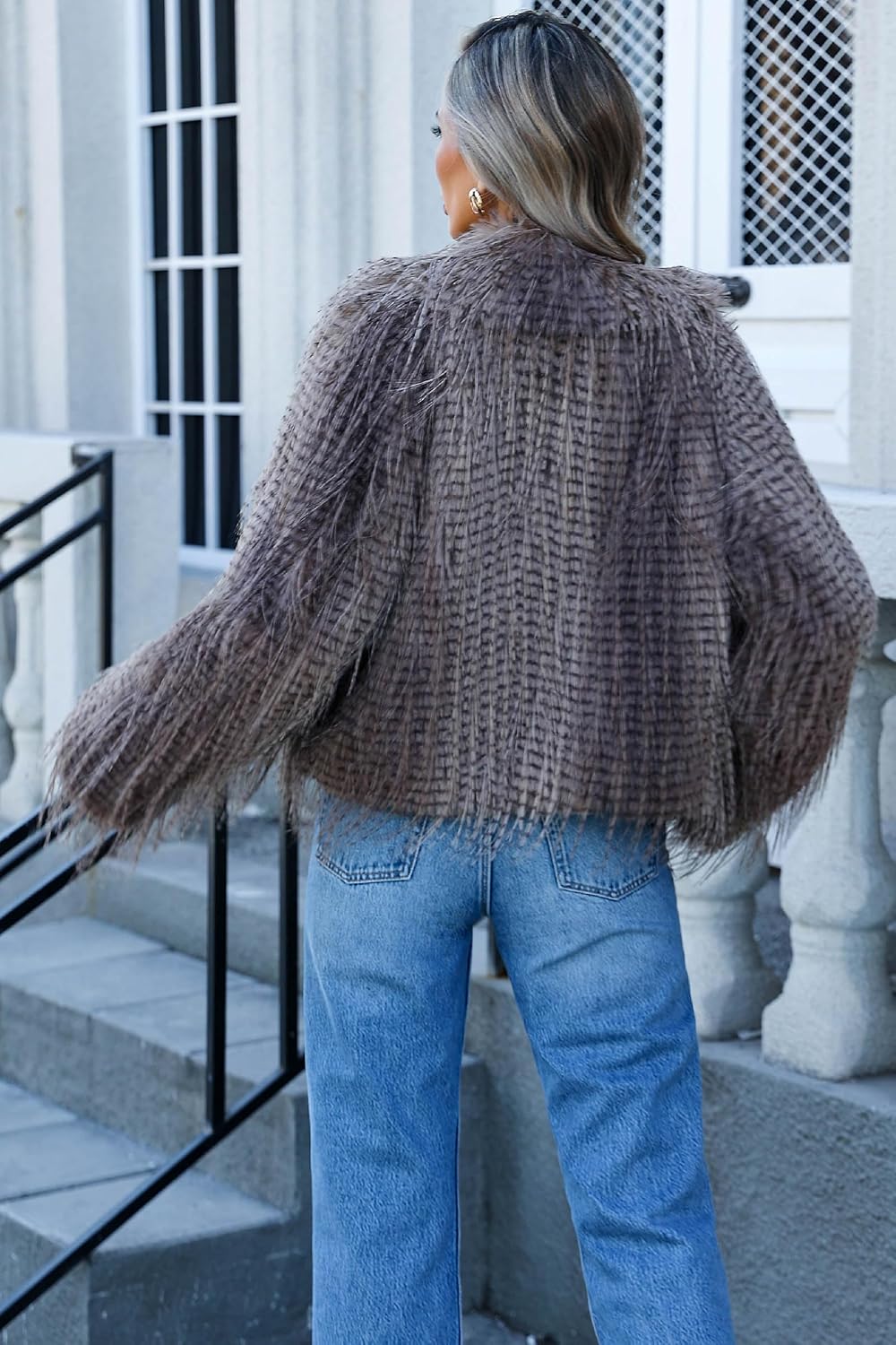 RISISSIDA Women Trendy Shaggy Faux Fur Jacket, Long Sleeve Cropped Style, Fashion Winter Fall Plush Outerwear - Image 3