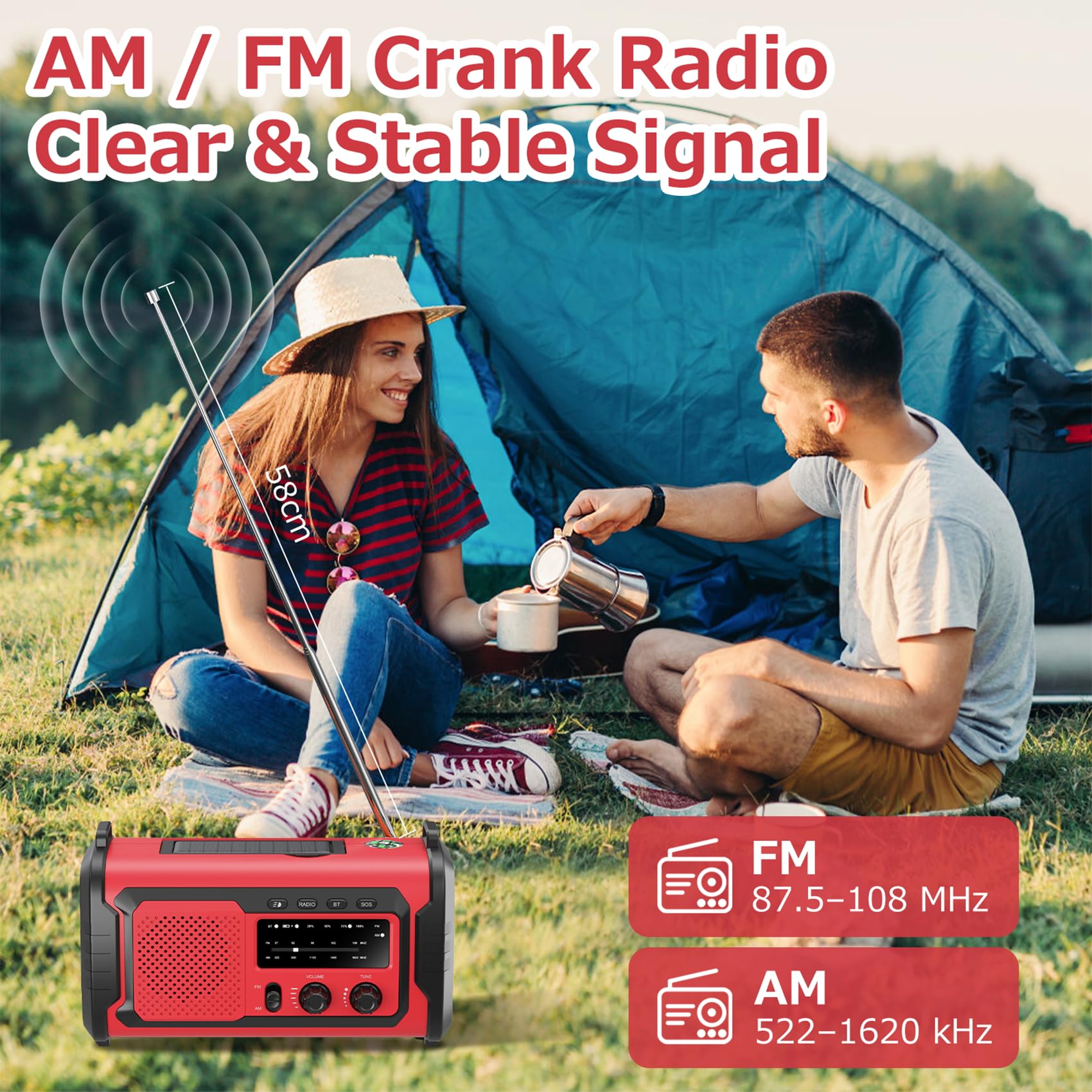 Kurbelradio 27000mAh Notfallradio mit Solar & Handkurbel, AM/FM Emergency Radio mit SOS Alarm, Bluetooth Lautsprecher & Powerbank, Taschenlampe für Camping,Outdoor(Rot 27000mAh)