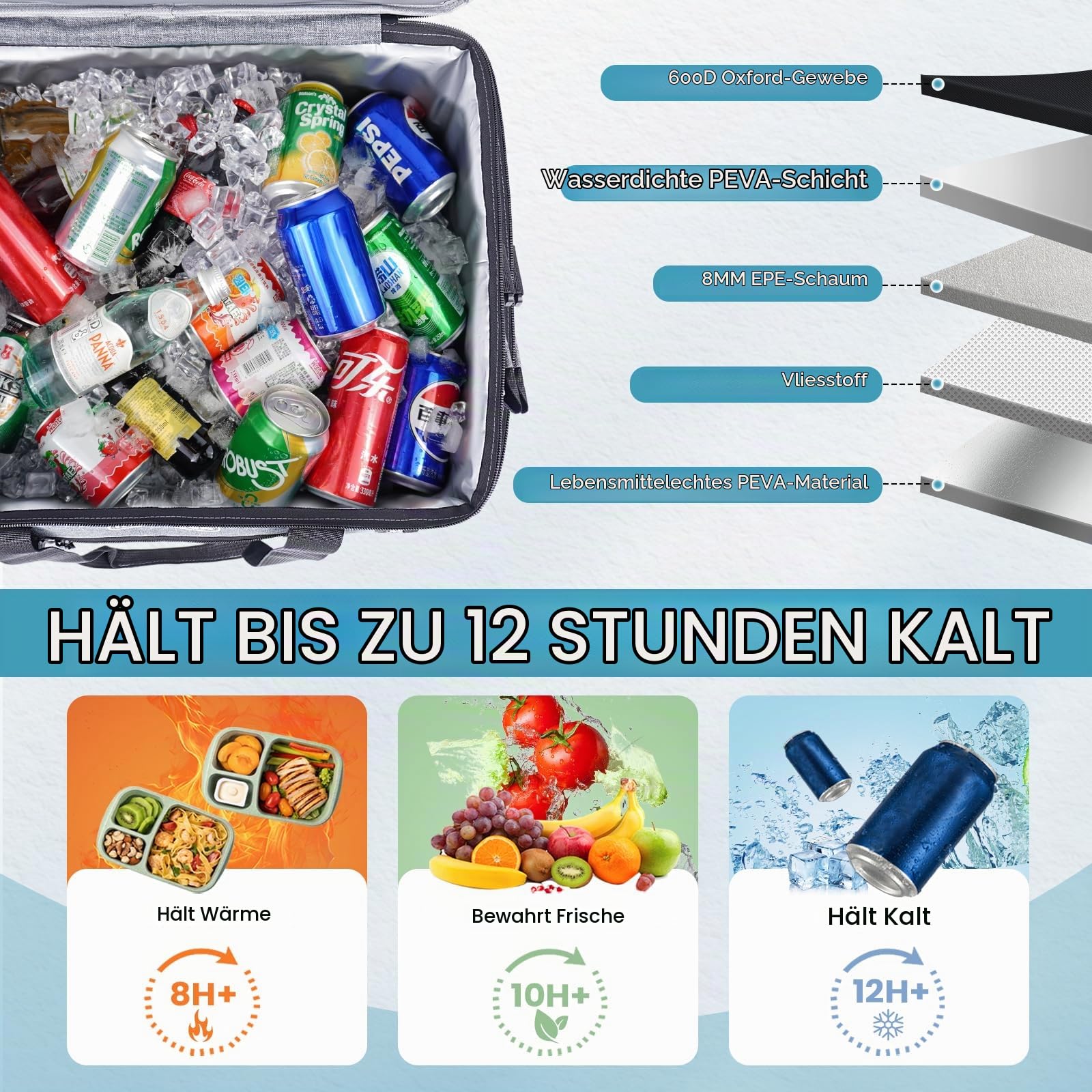 INSMEER Kühltasche Groß 50 l, Kühltaschen Faltbar für 80 Dosen, Faltbare/Auslaufsicher mit Öffner, Picknicktasche/Kühlbox Gross für Camping, Strand, Picknick, Familienausflüge für 4 Personen
