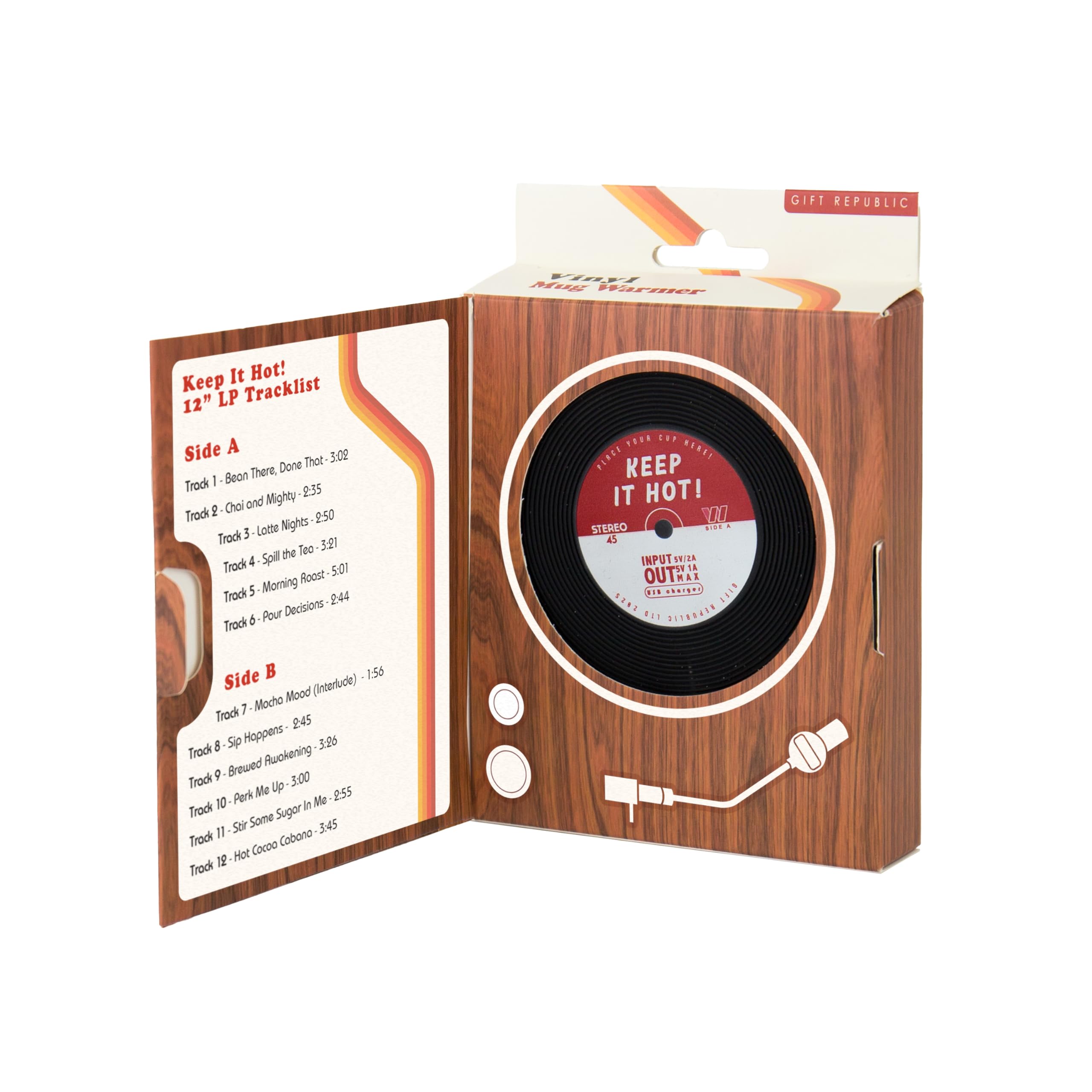 Gift Republic Chauffe-Tasse USB – Design rétro en Vinyle – Garde Le café et Le thé au Chaud à Votre Bureau – Chauffe-Boisson Chaude alimenté par USB – Cadeau Amusant pour Les Amateurs de Musique et