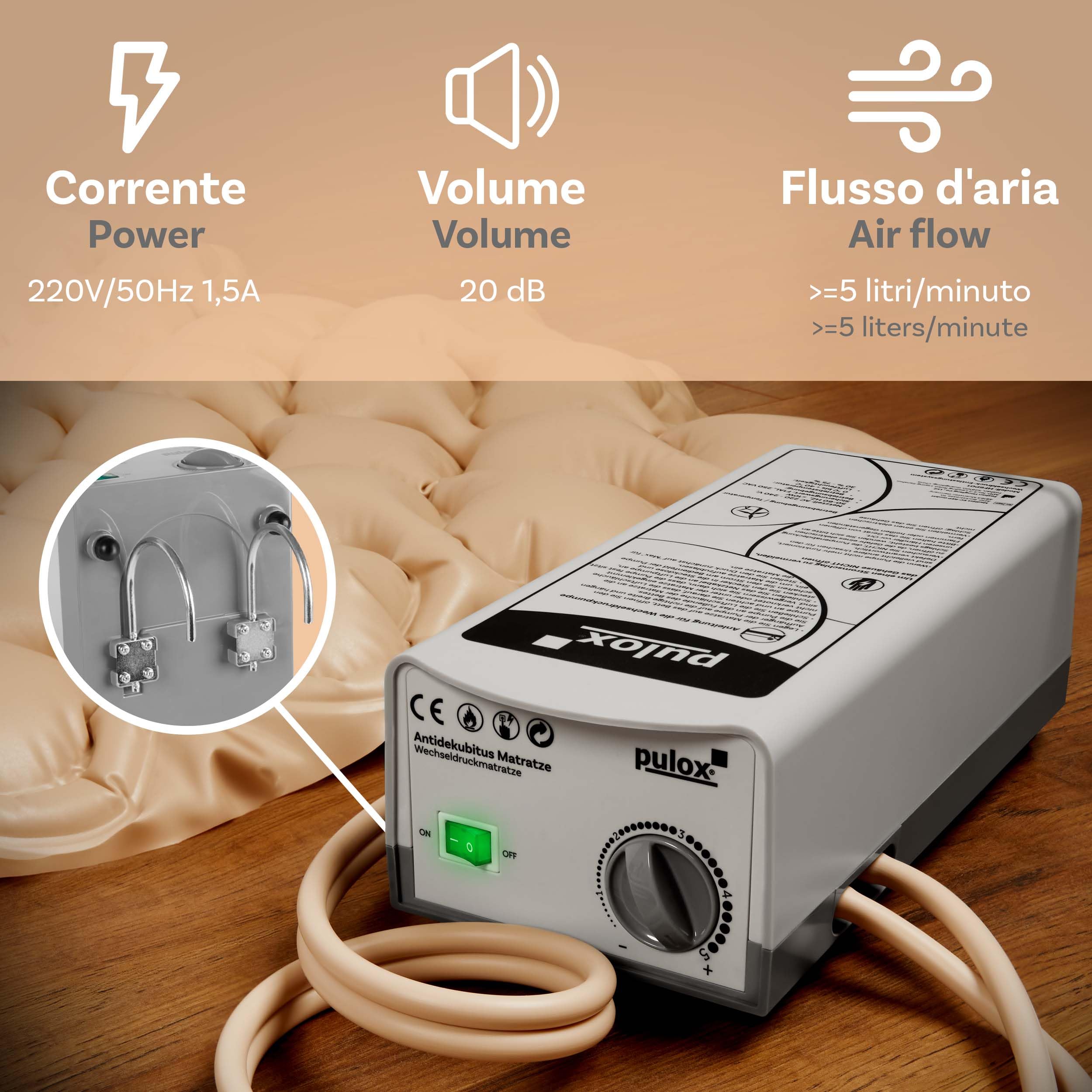 Pulox ADM-130 Materasso Antidecubito - Supporto a pressione alternata con pompa - Bassa rumorosità e carico fino a 130 kg - Beige