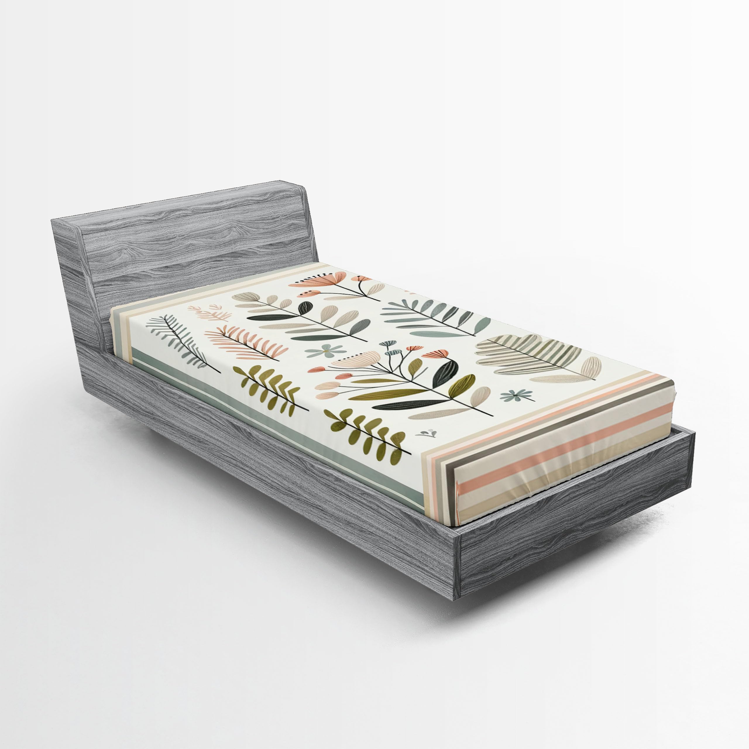 Ambesonne Mid Century 2 Pack Fitted Sheet, Scandi Modern Leaves, Bed Cover All-Round Elastic Deep Pockets 2 Pieces, Package Contains 2 Twin Size Fitted Sheets, Olive Green Eggshell