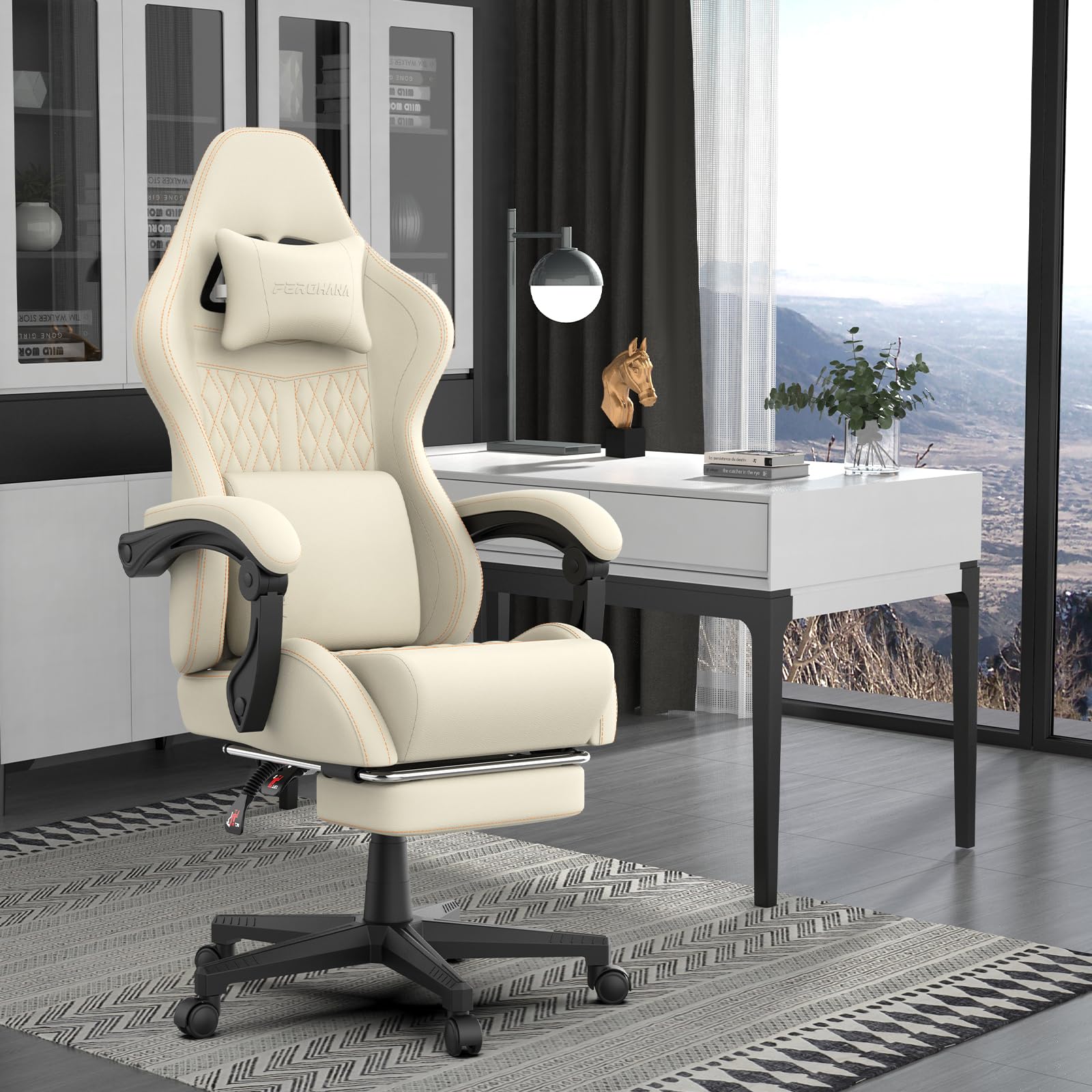 Ferghana Silla Gaming Ergonómica,Silla Juegos Altura Regulable Basculante con Reposacabezas,Cojín Lumbar,Reposapiés,Silla de Oficina con Respaldo Regulable,Rotación de 360°,Bianco