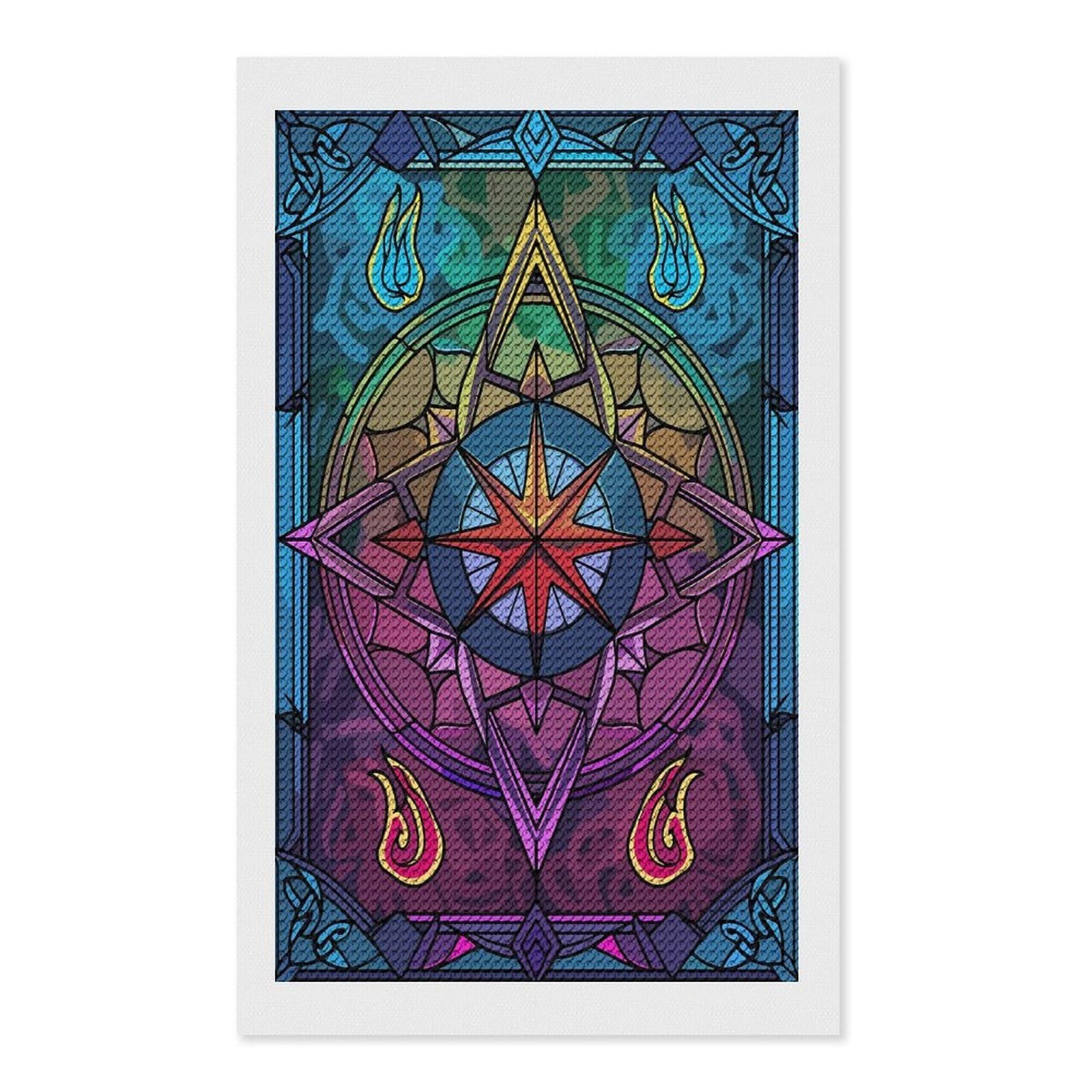 Junmoney Stained Glass Compass Rose with Flames Diamond Art Kit 12"x20", Vintage Style Decor, Stress Relief Craft, Decor Project, Relaxing DIY, Creative Hobby