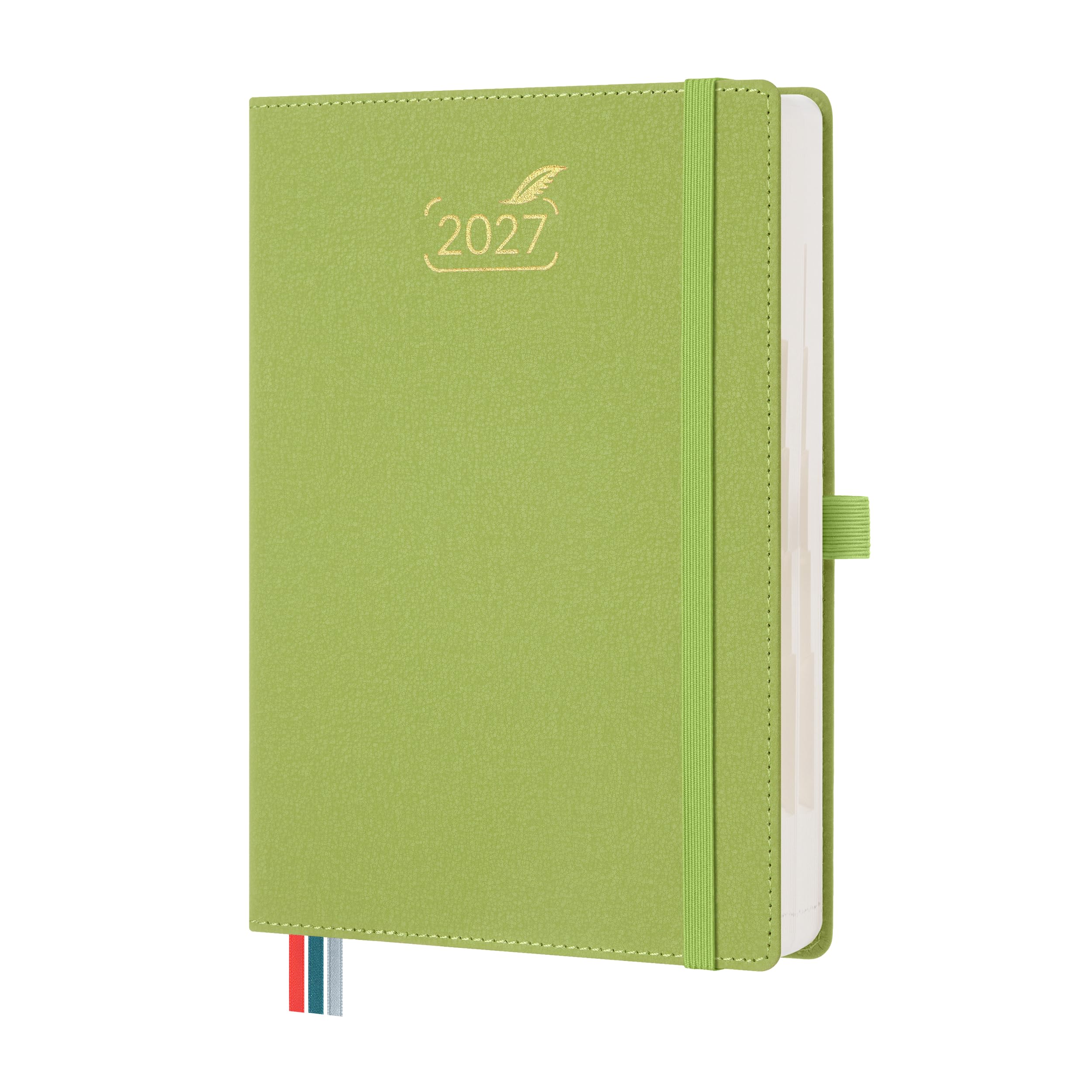 BEZEND 2027 Diary A5 Page A Day even Weekends with Dual Schedule. 2-Column Daily Planner for Work-Life Balance. Appointment Diary with Monthly Tabs, Inner Pocket, PU Leather Hardback, Fruit Green