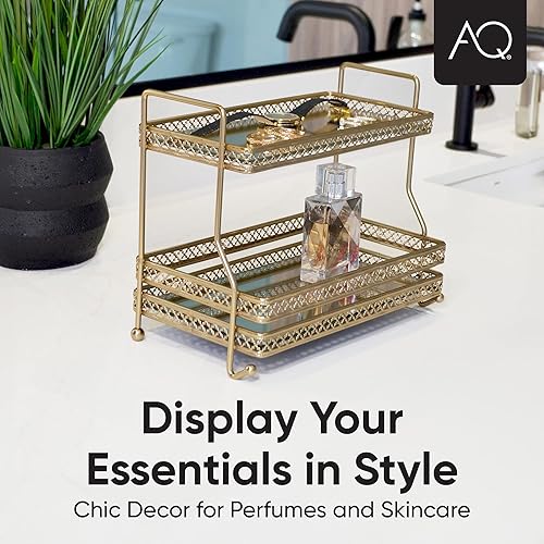 Miniatura 7 de AQ Bandeja de tocador dorada, bandeja de espejo de 2 niveles para maquillaje, cuidado de la piel, bandeja de perfume para exhibición de colecciones,