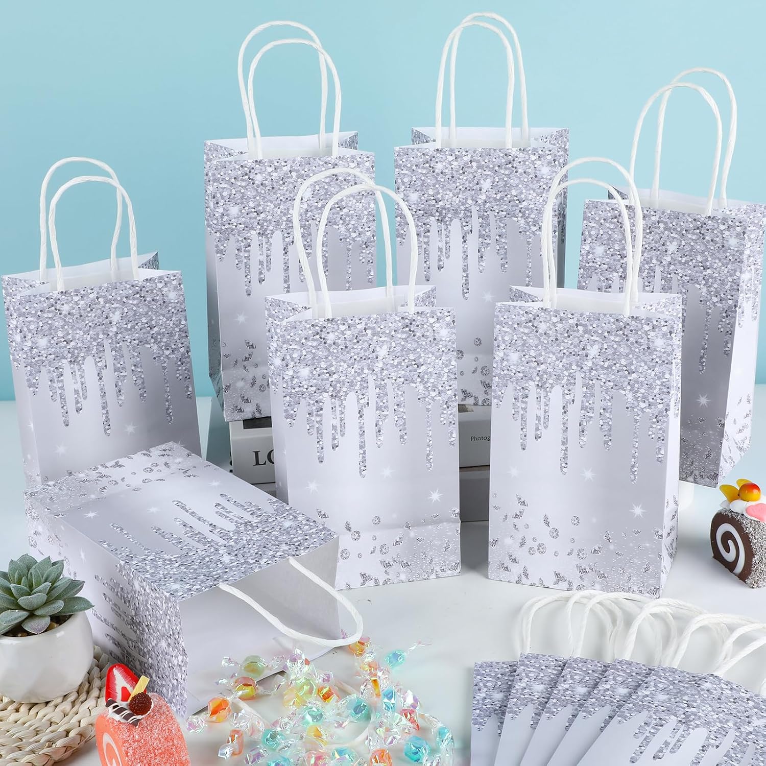 12Pcs Silver Glitter Gift Bags Glitter Diamond Goodie Bag Happy Birthday Treat Bag Diamond Silver Candy Bags Supply for Wedding Bridal Baby Shower Holiday Party Favors Decoration 4.7*3.15*8inch