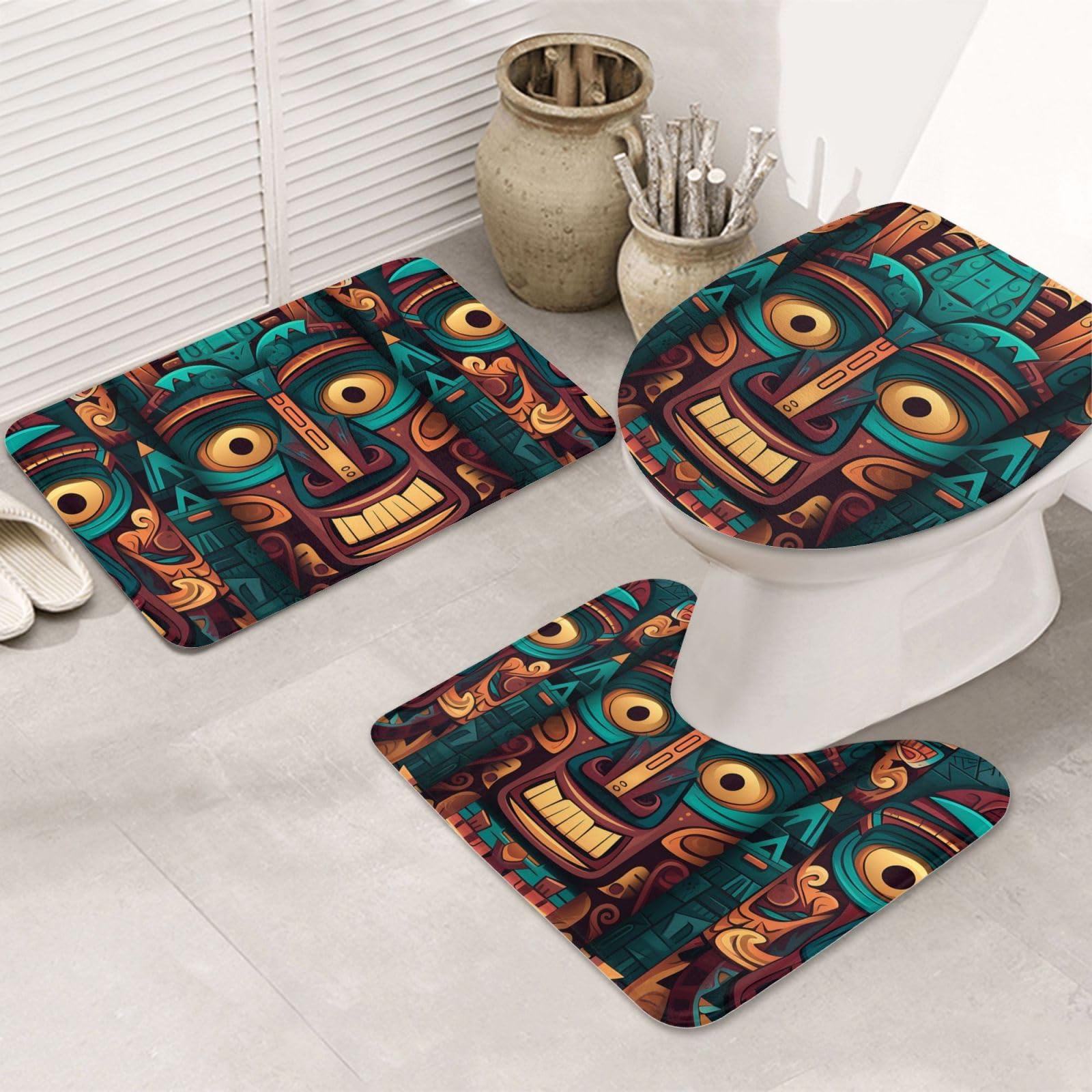 Tapis de bain lot de 3 ultra doux avec contour WC motif tribal et housse abattant