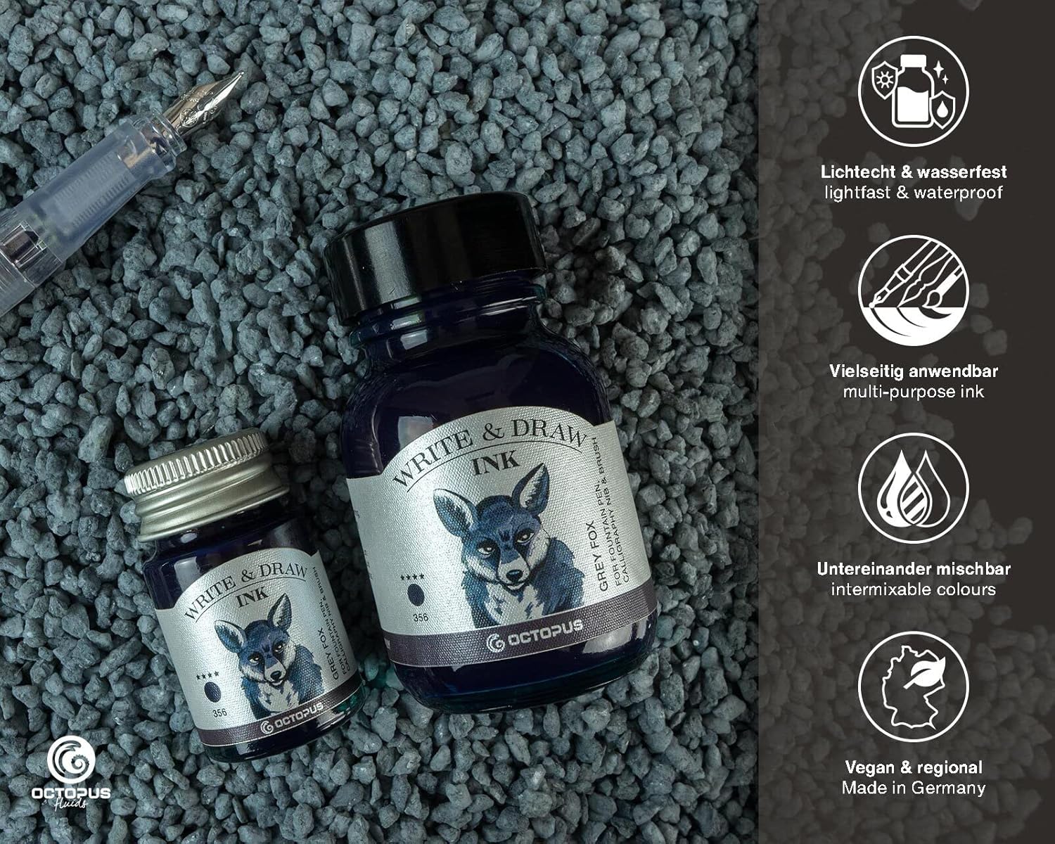 Octopus Write and Draw Ink 356 Grey Fox Waterproof Ink for Writing and Drawing, Calligraphy Ink, Non-fading Drawing Ink for Fountain Pen, Grey, 50 ml