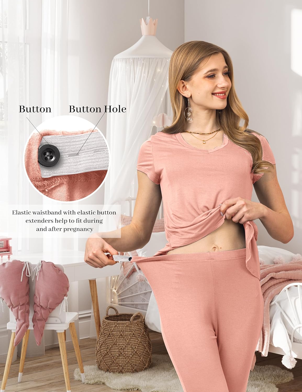 SUNNYBUY 3 PCS Maternity Breastfeeding Pajamas Set, Hidden Nursing Tops, Adjustable Pregnancy Shorts & Pants Postpartum PJS - Image 4