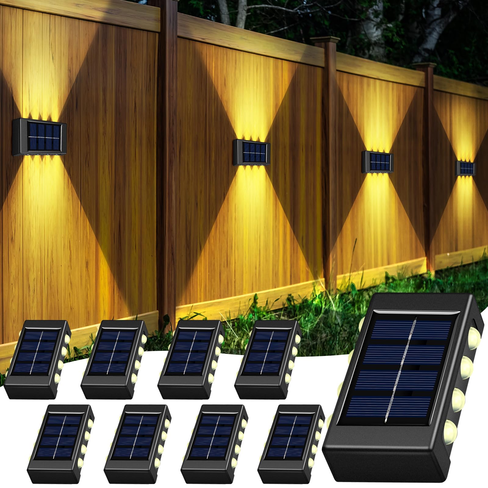Rossesay 8 Pack Solar Wall Lights for Outside 3000K Warm Solar Fence Lights Up and Down Autumn LED Outdoor Decorative Waterproof Lamps Dusk to Dawn