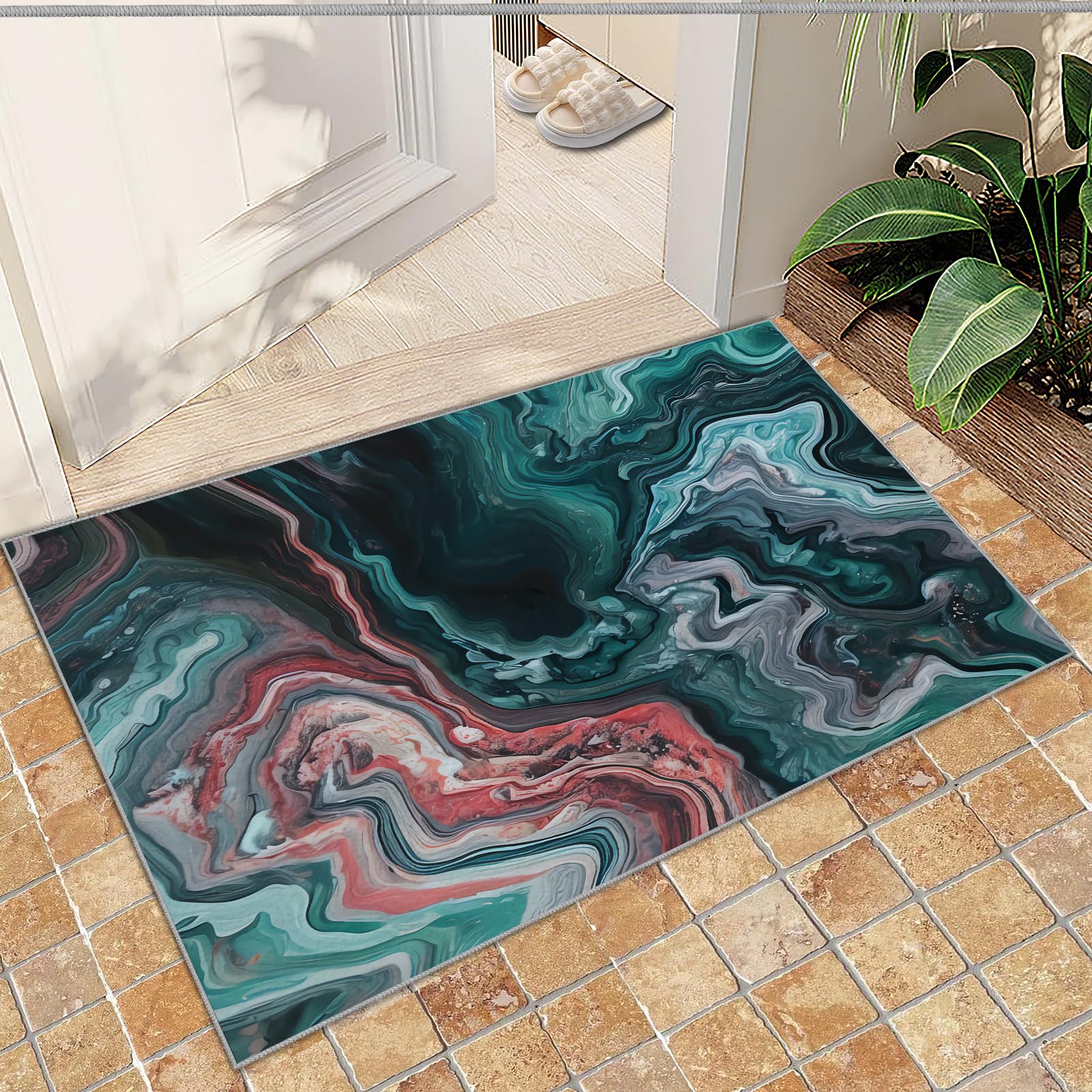 QDJKBL Emerald Turquoise Green Marble, Entrance Rug 60 X 140 Cm European Style Watercolor Curved Ripple Stripes Doormats, Entrance Carpet Easy to Clean for Entryway