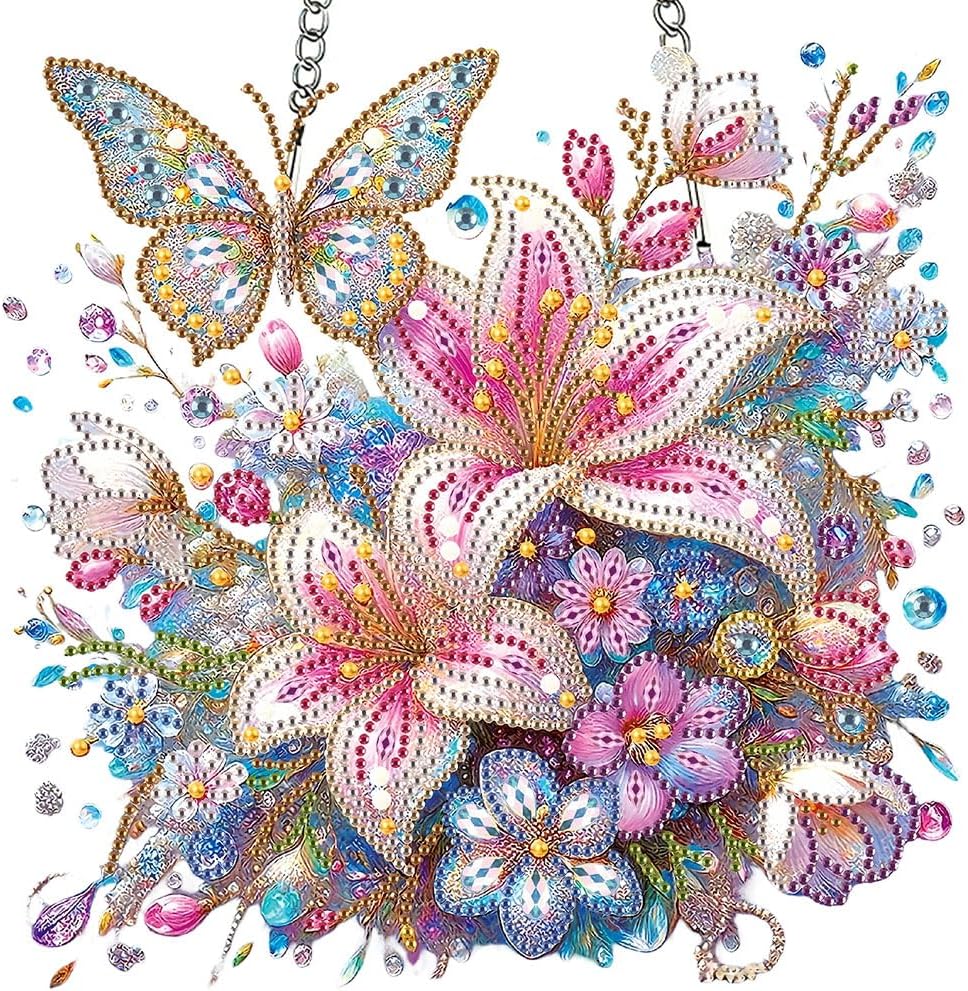 LPDJITO DIY Hanging Diamond Art Pendant Kit Flowers Butterflies, Special Crystal Diamonds Painting Ornament for Adults, 5D Diamond Art Suncatchers Double Sided Board Gem Painting Kit