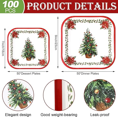 Miniatura 10 de Umigy 100 platos de papel a cuadros de búfalo rojo y negro, platos de postre de Navidad, adornos de Navidad, platos de papel desechables de 9