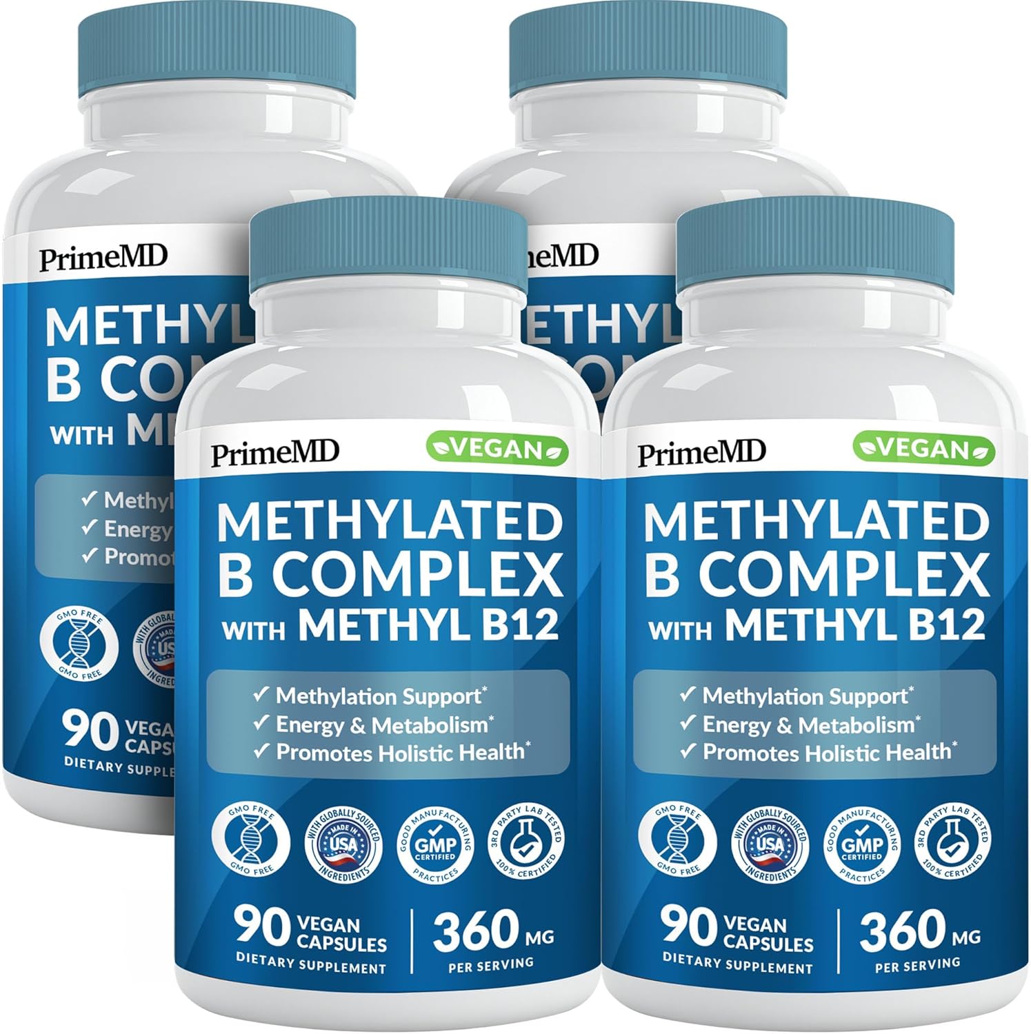 Methylated B Complex with Methylfolate and B12 Methylcobalamin 1000 mcg - Methylated Multivitamin for Energy, Brain Function, and Wellness - Vitamin B Complex for Men & Women (360 Servings, Pack of 4)