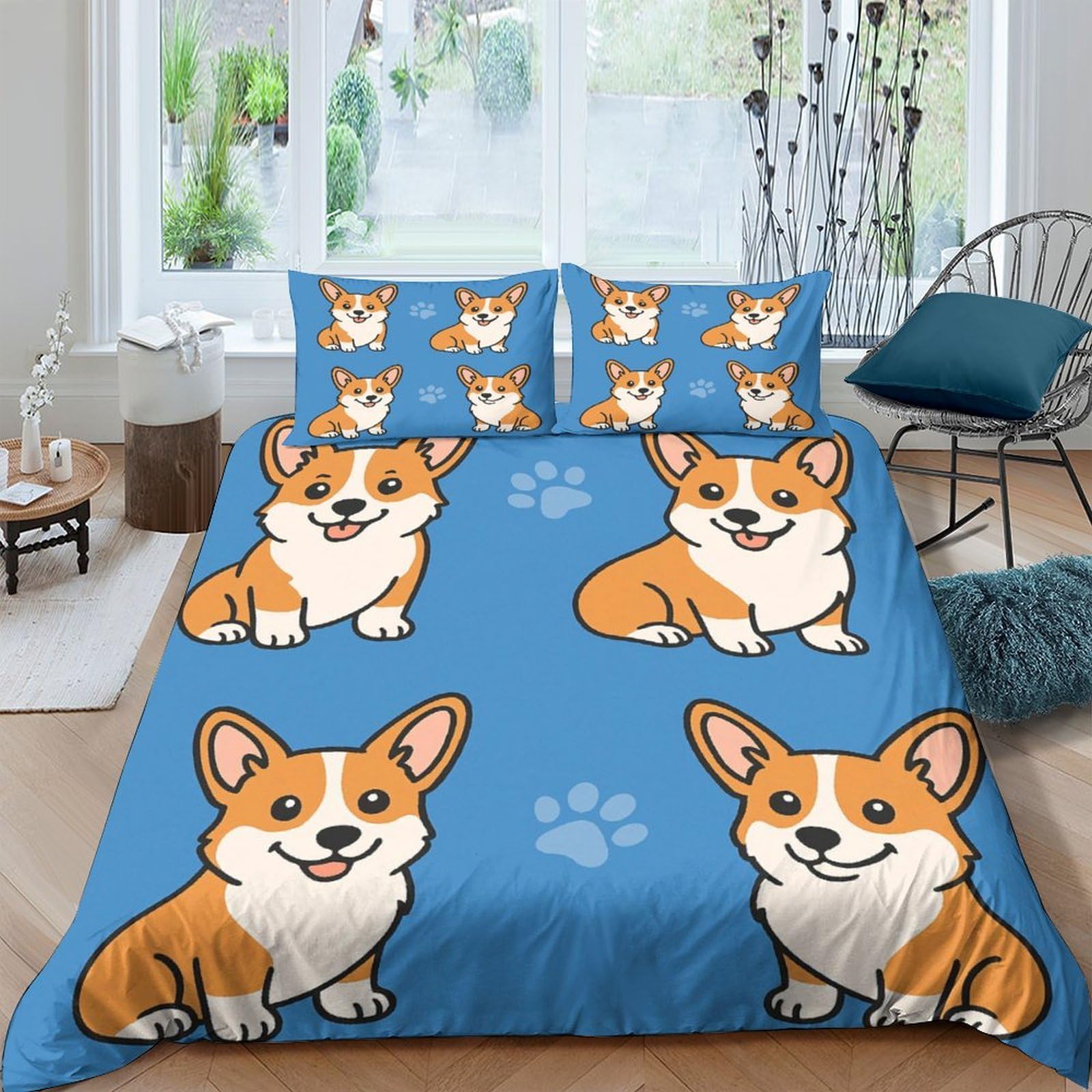 Ctjqhvkz Style-8 3D Printed Cartoon Corgi Fitted Sheet Microfiber Soft Blue Dog Pattern Mattress Cover Bedroom Decor Machine Washable Single（135X200cm）