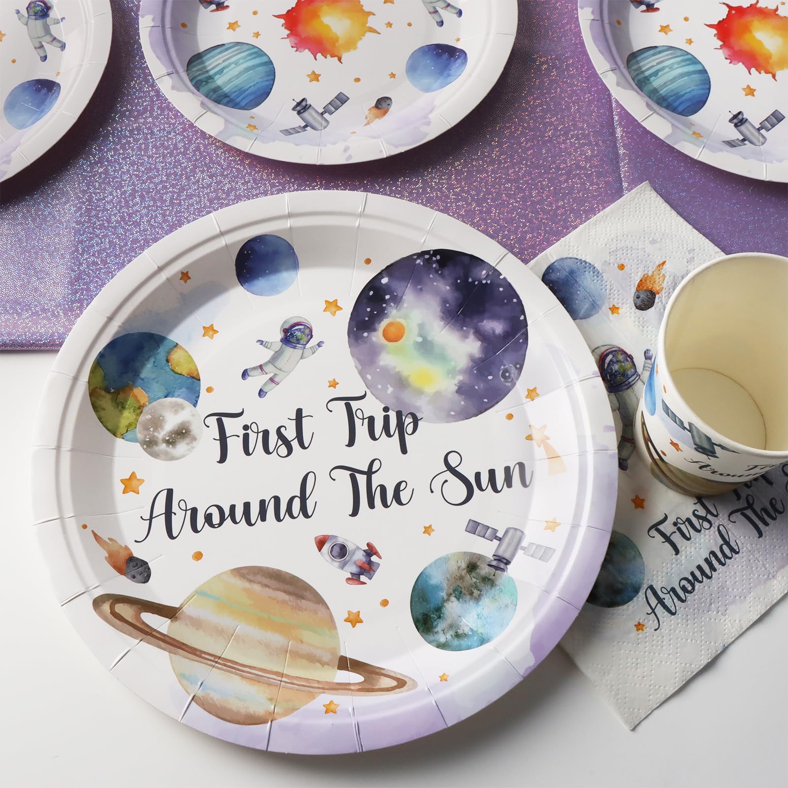 120 Pezzi Decorazioni per Feste di Compleanno a Tema First Trip Around the Sun, Articoli per Feste a Tema 1st Space Party, Stoviglie Monouso | Per 24