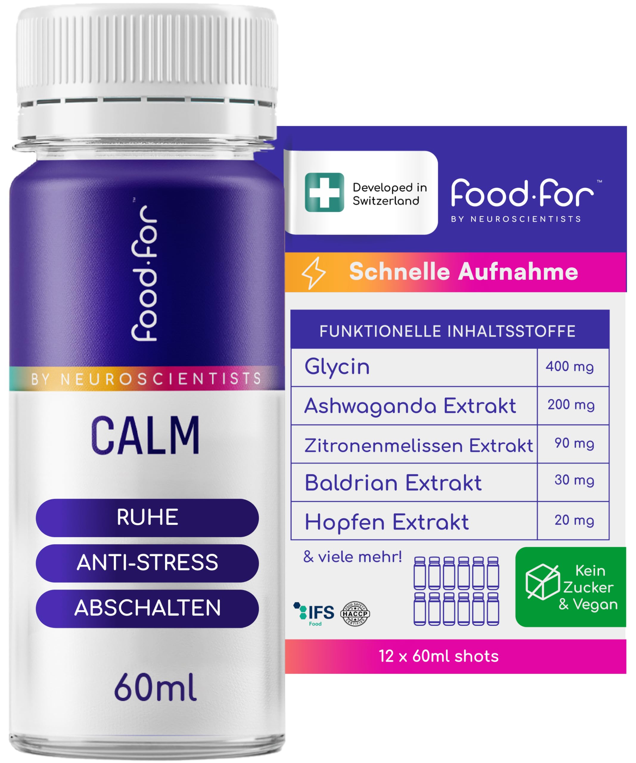 FOODFOR CALM Gaba Shot 60ml – Baldrian, Ashwagandha, Zitronenmelisse, Hopfen – Fördert Entspannung, Innere Ruhe & Stress Ruhepol – Zuckerfrei, Vegan, Schweizer 12-Pack – Kein Melatonin