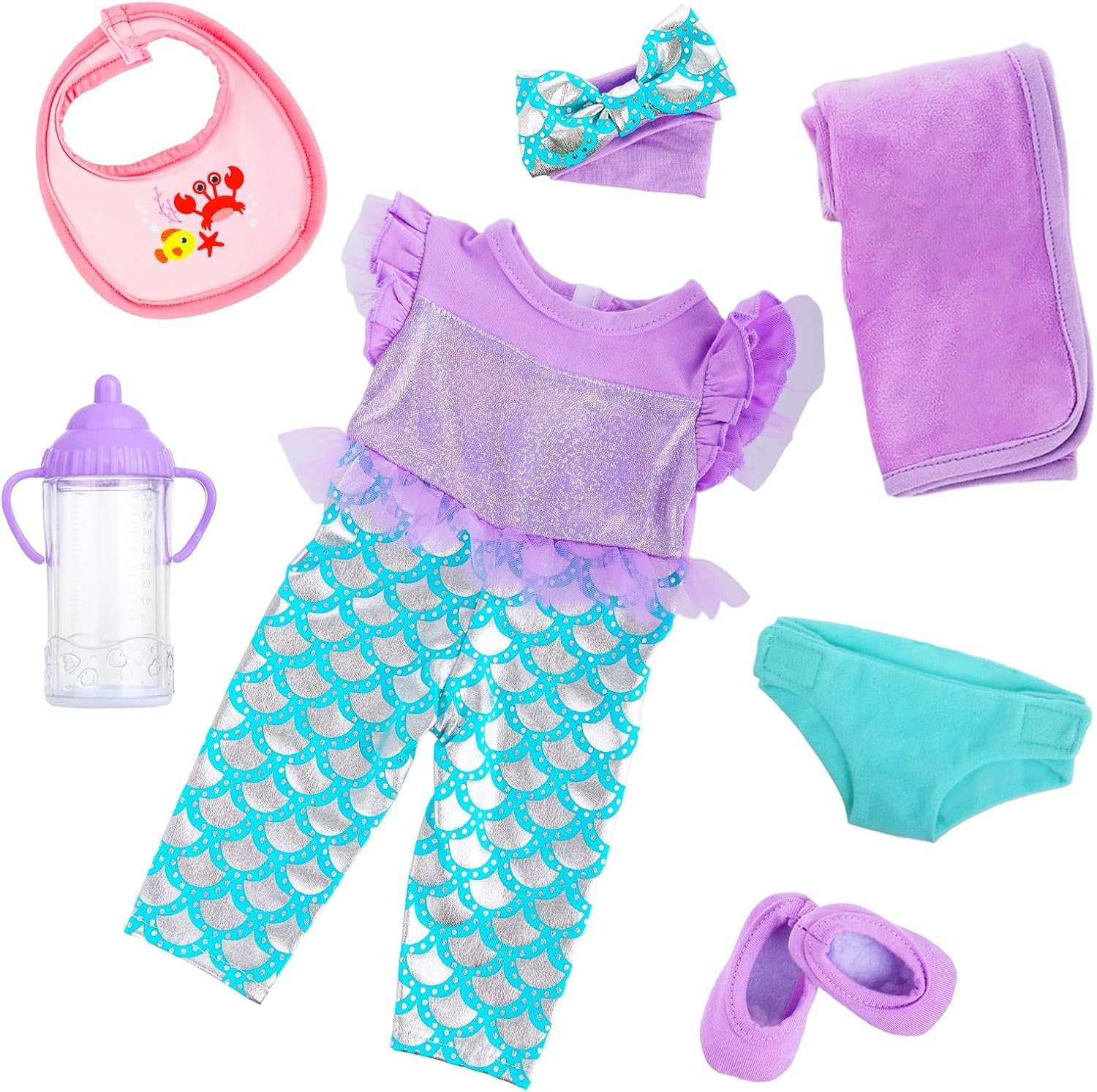 Baby Doll Clothes 16-18 Inch Mermaid -Themed Baby Doll Accessories Set - Onesie Outfit, Blanket, Headband, Diaper, Bid, Bottle and Shoes doll accessories A