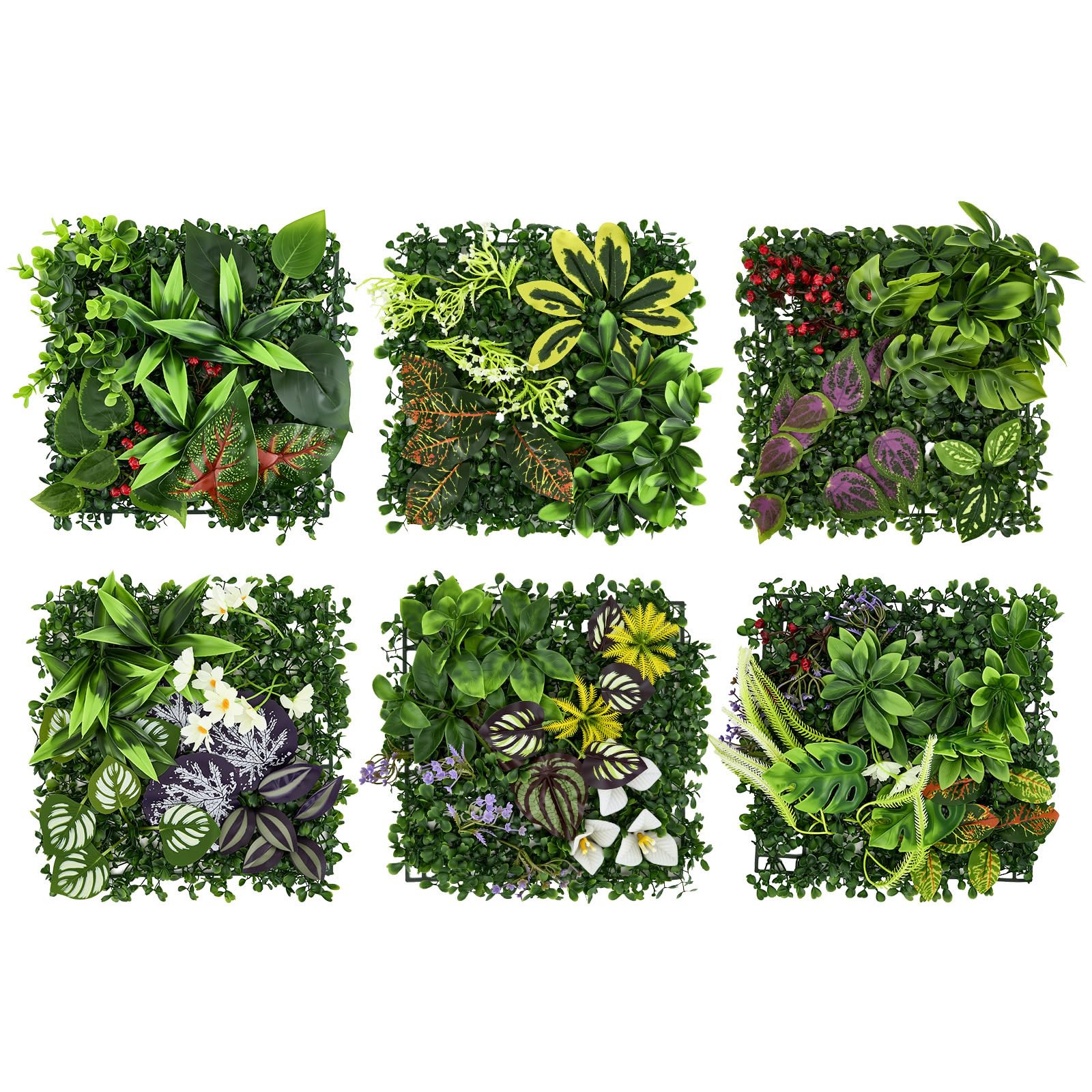 Set di 6 pannelli per piante artificiali da parete per interni ed esterni, 25 x 25 cm, siepi verdi, decorazione naturale, pannelli da parete per giardino, balcone, soggiorno, ufficio