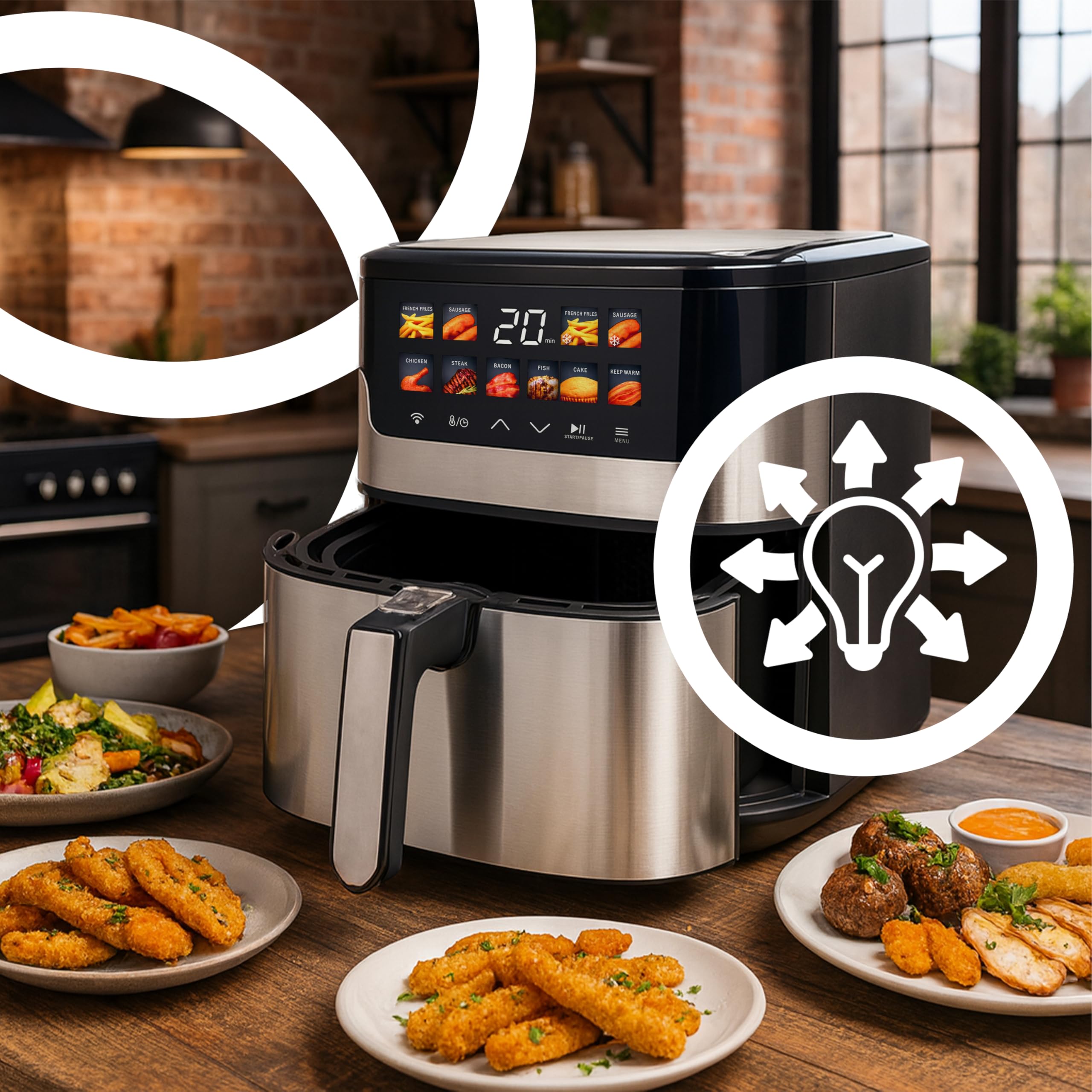 Retoo Frytkownica na gorące powietrze 6,5 l – Airfryer z powłoką zapobiegającą przywieraniu, funkcje 10 w 1, ekran dotykowy, regulacja temperatury od 60 do 200 °C, RapidAir, technologia Air