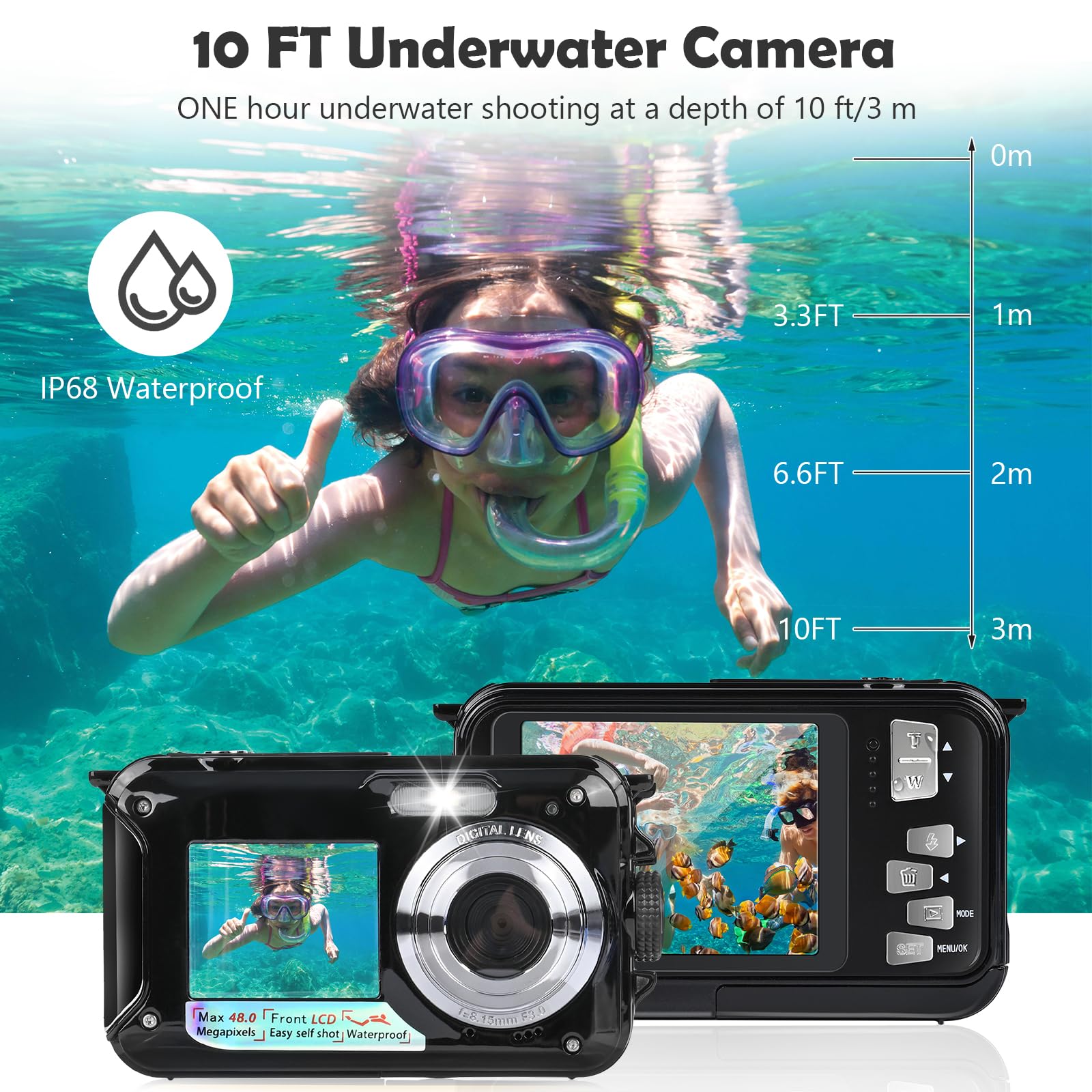 Camara Acuatica, Comius Sharp Camara Acuatica Sumergible Niños 10FT 30MP Foto FHD Video 16X Digital Zoom con Tarjeta Memoria 32 G y Selfie Doble Pantalla para Selfie Bajo el Agua, Buceo, Natación