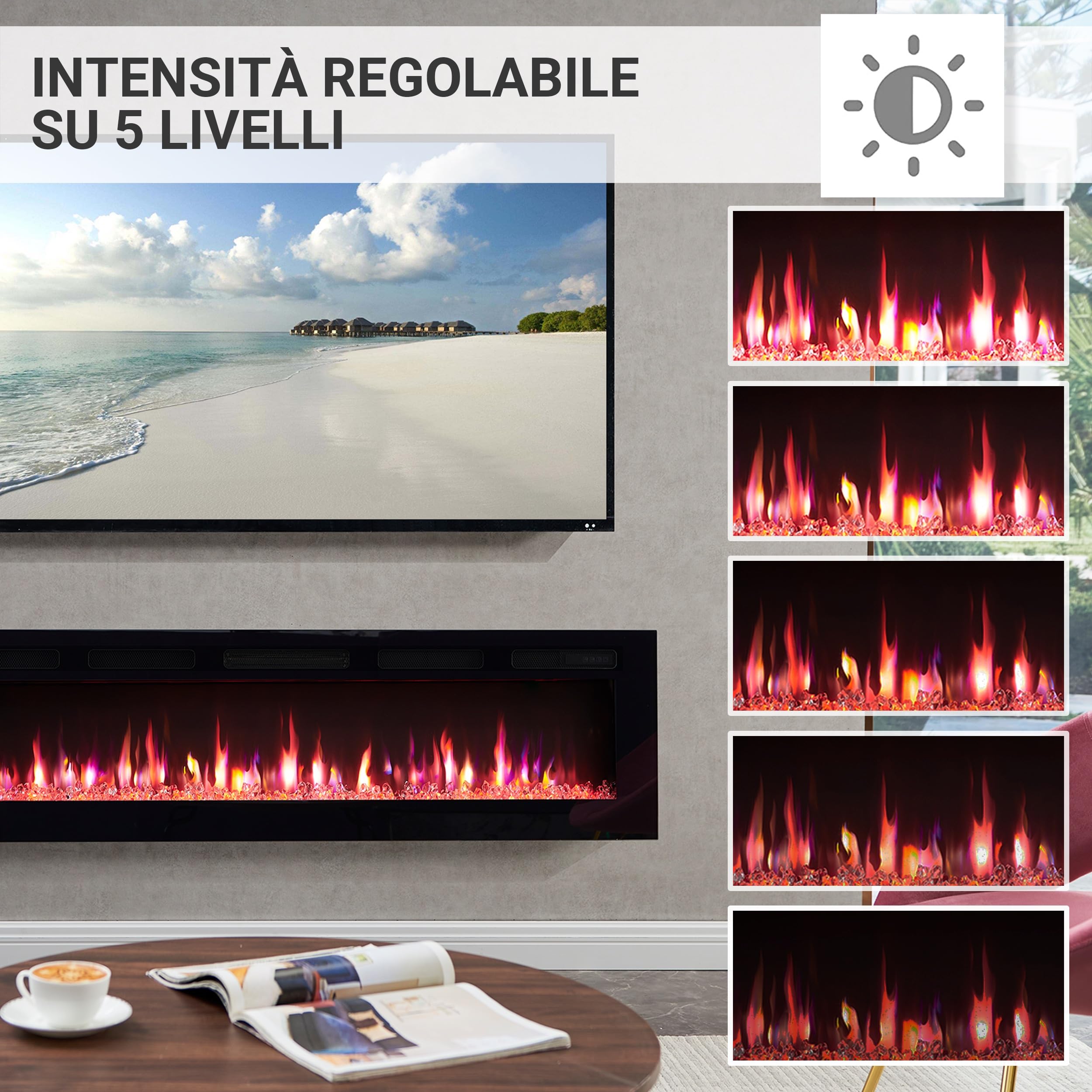 BALDERIA camino elettrico Leif 60"| Caminetto elettrico a pavimento o a muro con riscaldamento 2000 W | Effetto fiamma 3D | Focolare a terra o a parete con telecomando, timer, termostato | Nero