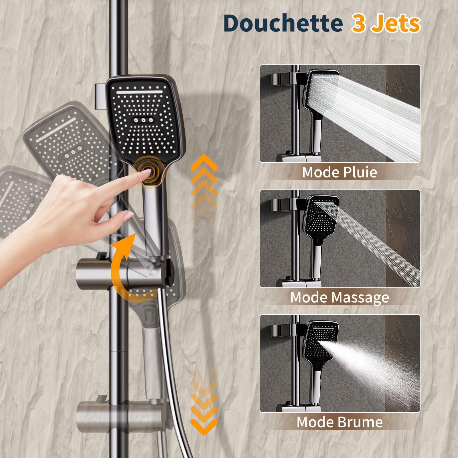 Colonne de Douche Gris Fusil Miroir avec Mitigeur - Touches Piano 4 Fonctions - Système de Douche Moderne avec Tête de Douche XXL Carrée, Douchette 3 Jets - Tube Inox Réglable 950-1350mm