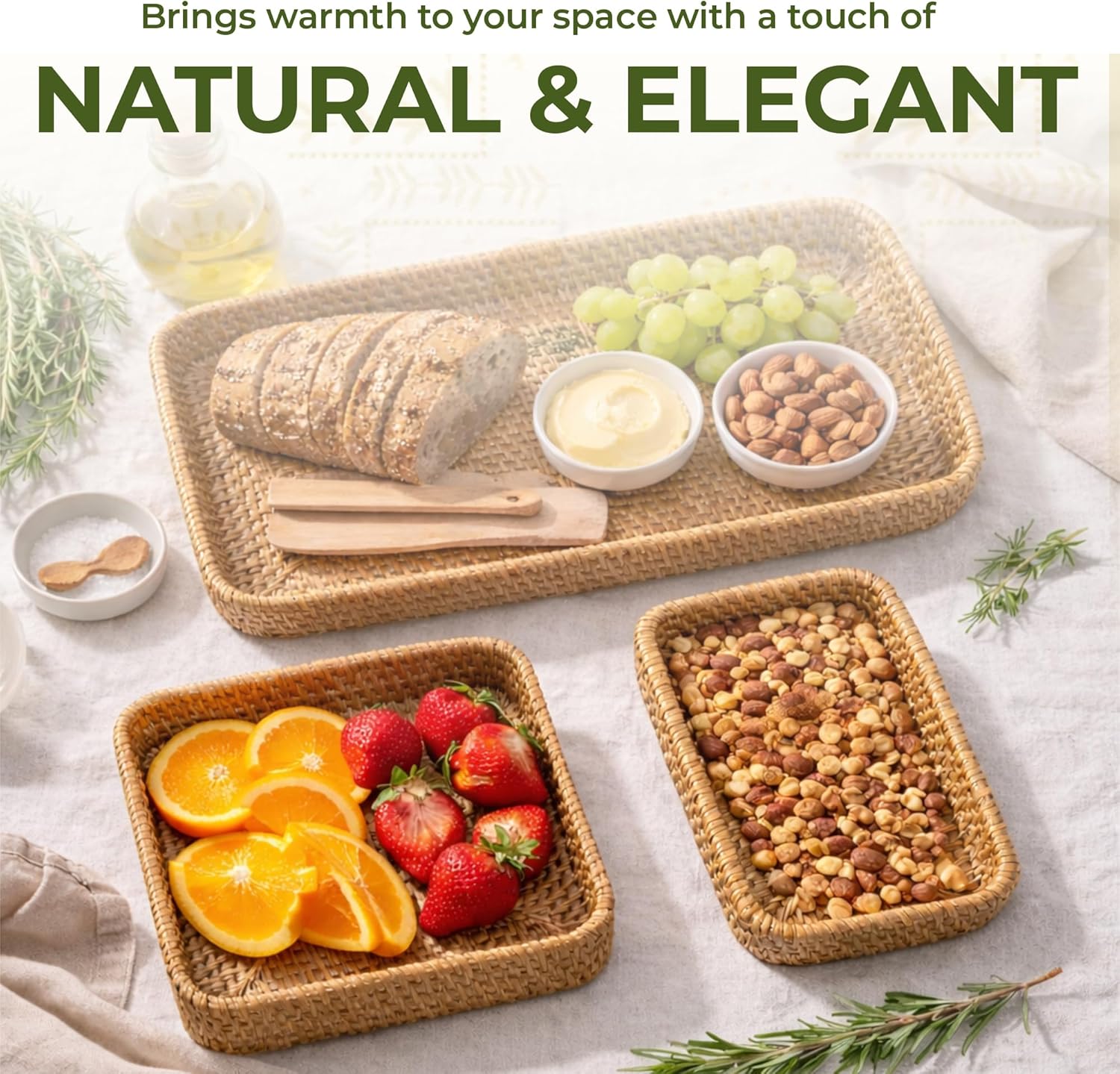 Set of 3 Rattan Serving Trays – Handwoven Wicker Trays for Bathroom, Kitchen, Coffee Table, Ottoman; Modern Farmhouse, Boho, Rustic & Coastal Home Decor