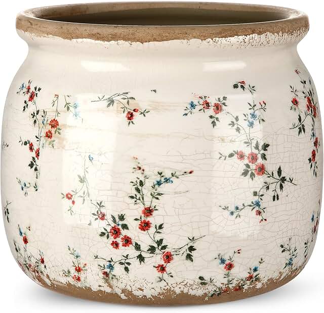 Vintage Planter Large Ceramic Plants Pot Beige Red Rustic Floral Ice Cra...