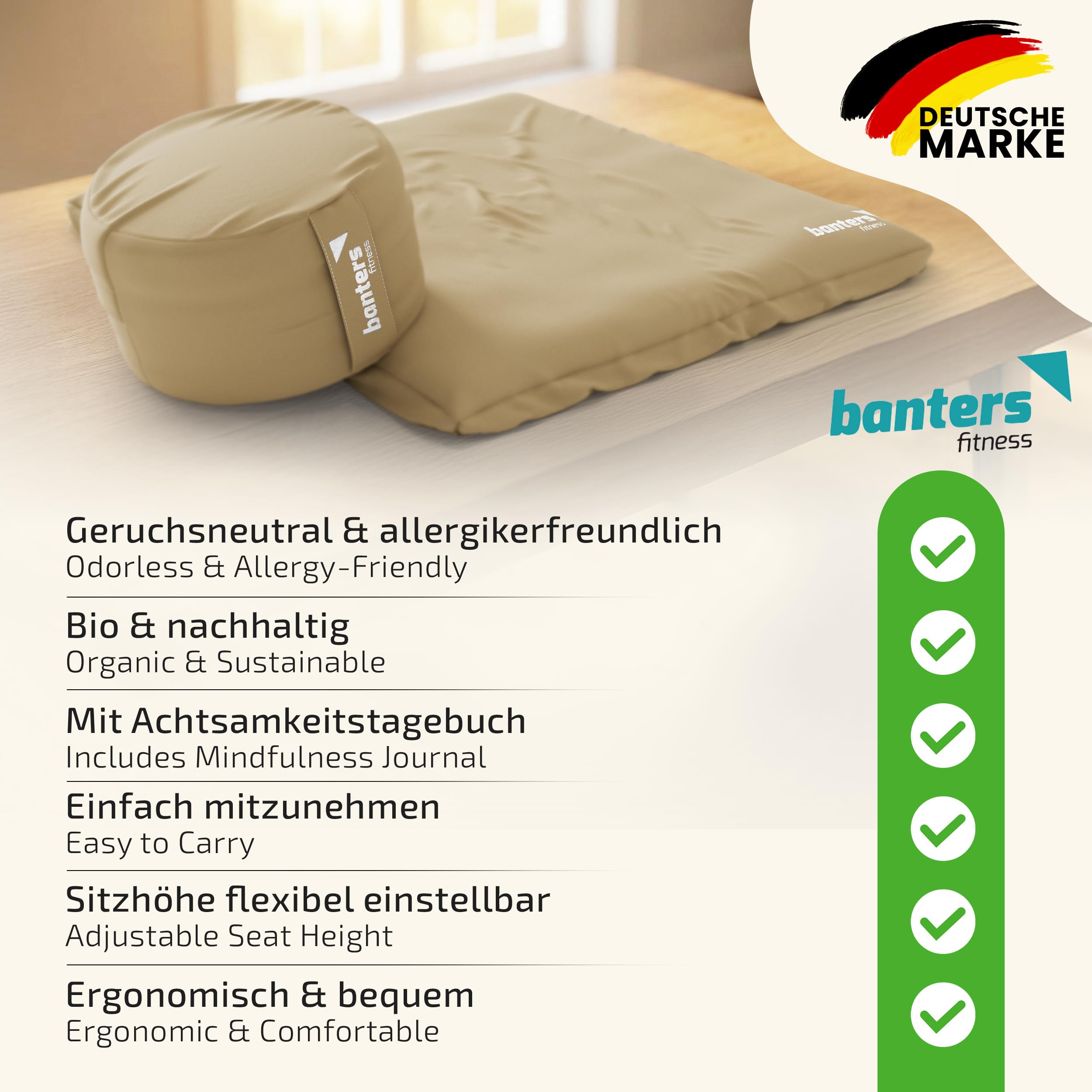 Banters Zabuton - Tappetino da meditazione, 80 x 80 x 6 cm, 100% cotone biologico, ergonomico, lavabile, con 5 minuti