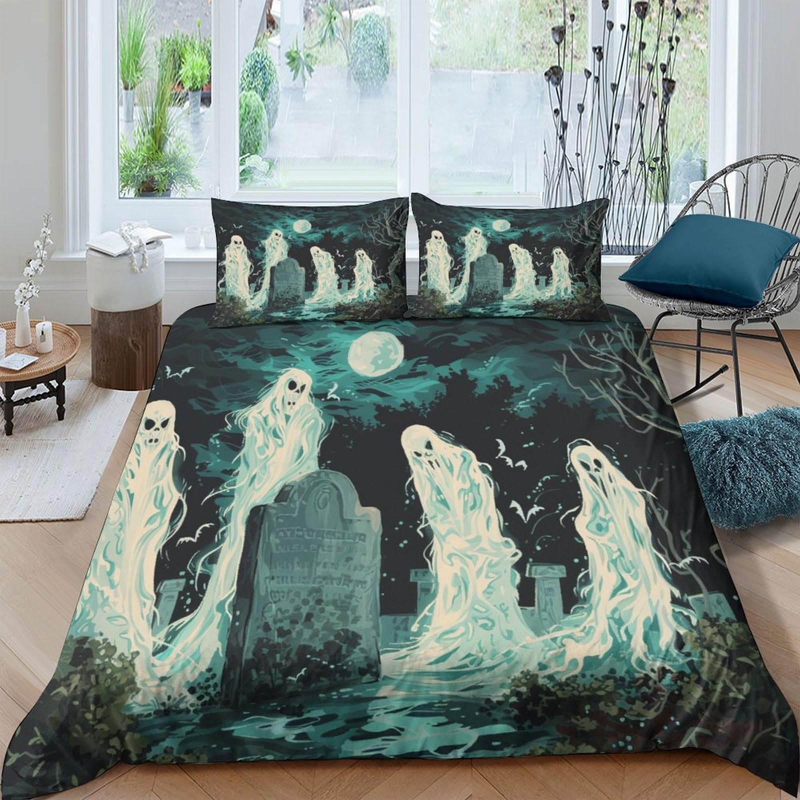 Halloween Ghosts And Monsters 3Pcs Bedding Set Printed Quilt Cover,3D Duvet Cover for Boys Adult, Microfibre, with Pillowcases Easy Care Microfiber Comforter Cover Hidden Zipper Double（200x200cm）